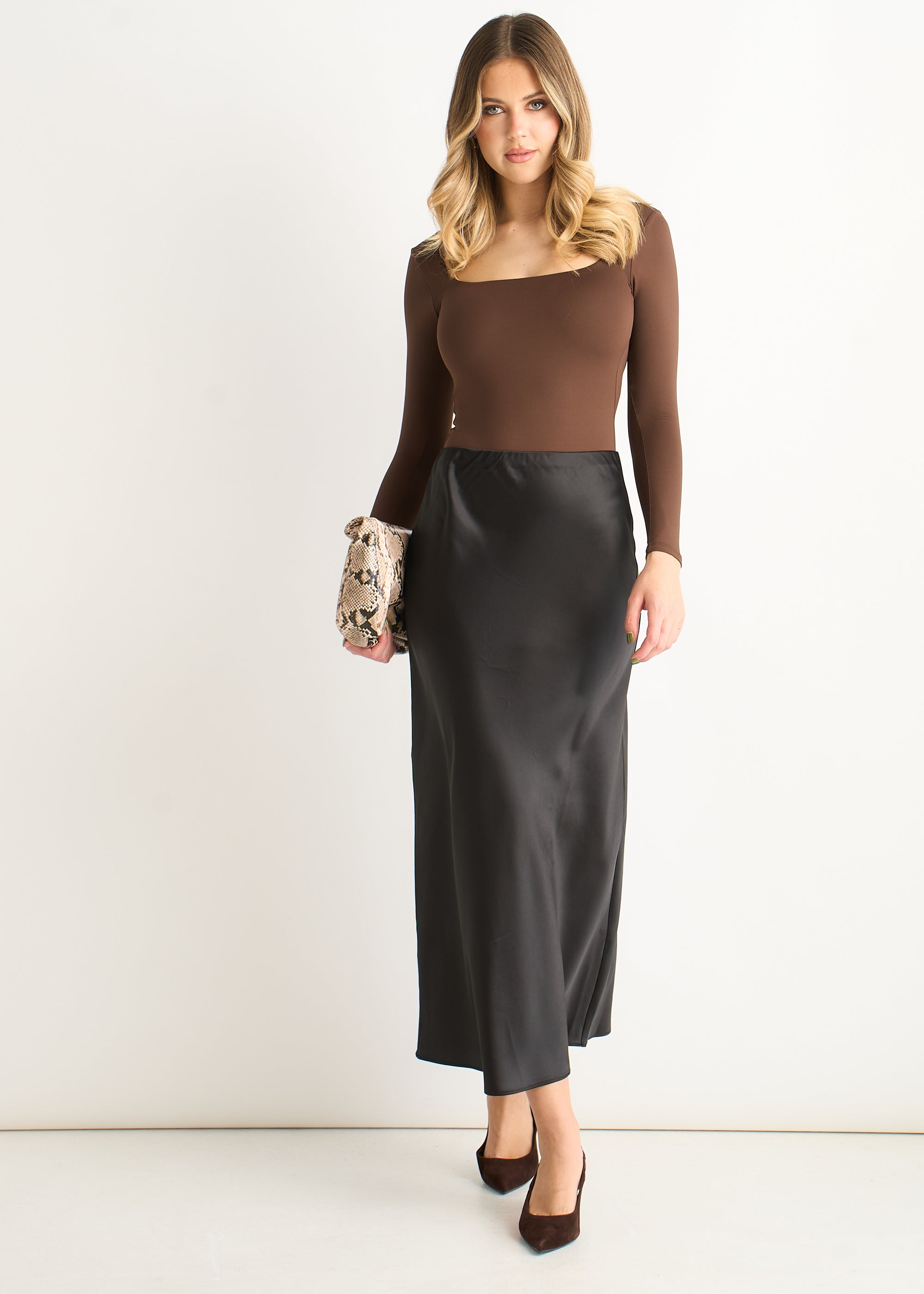 Gini London Black Satin Bias Cut Midi Skirt