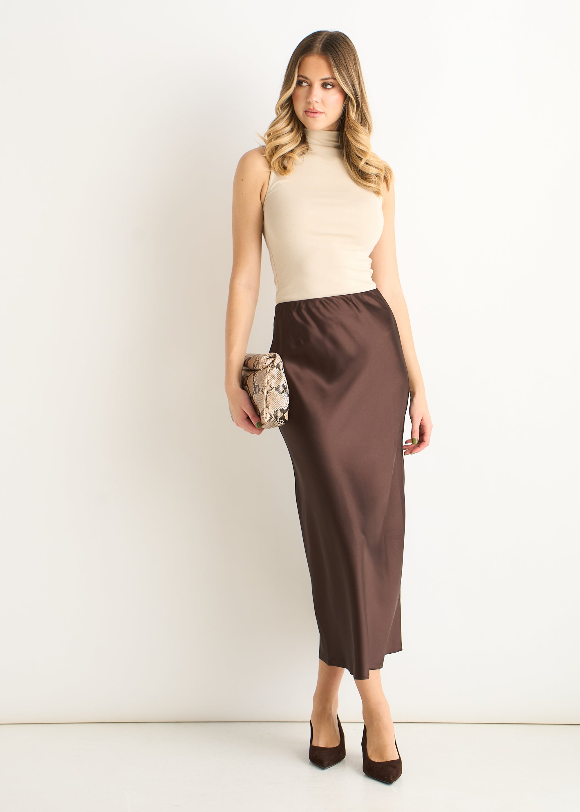 Gini London Chocolate Elastic Waist Satin Bias Cut Midi Skirt