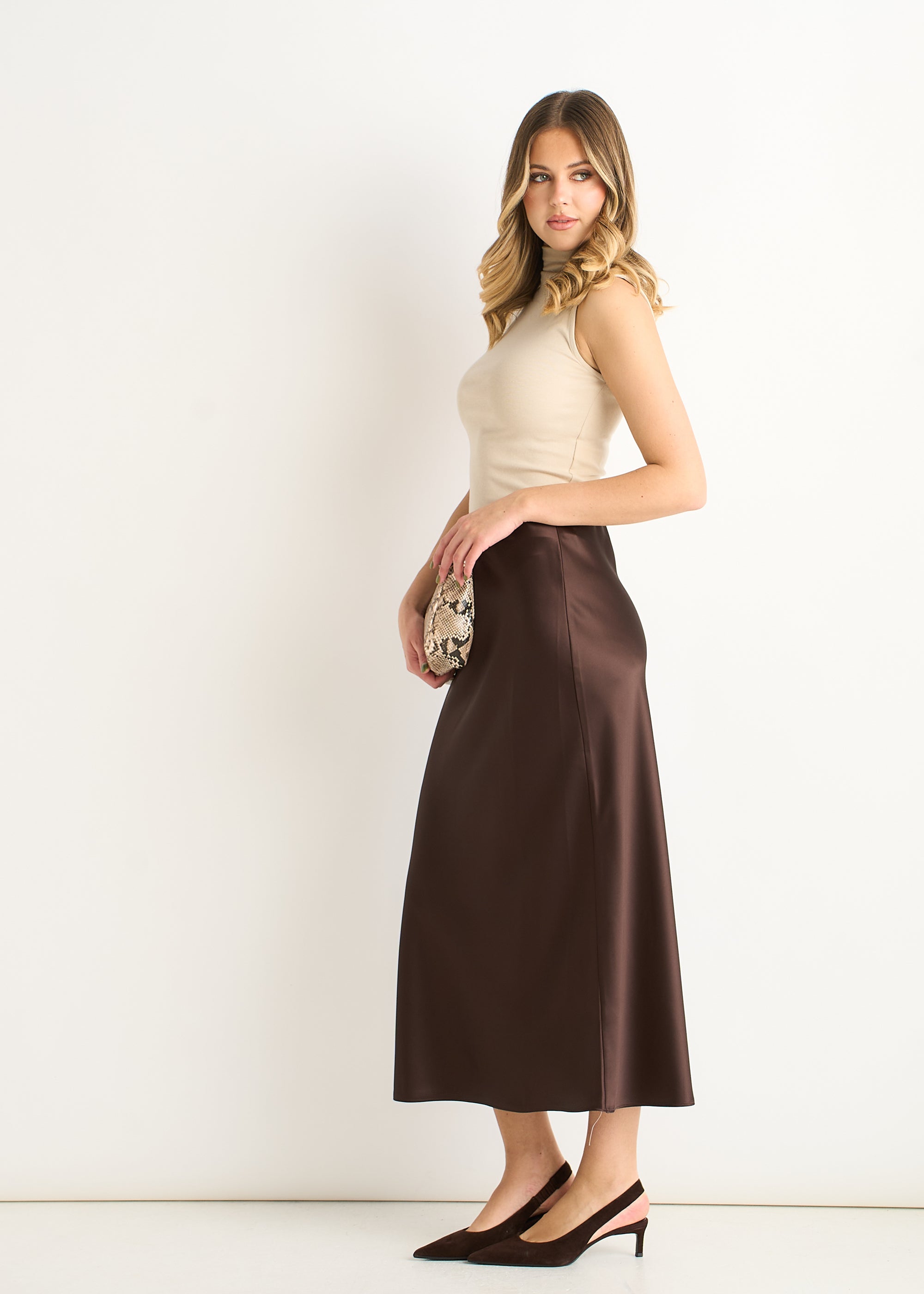 Gini London Chocolate Elastic Waist Satin Bias Cut Midi Skirt
