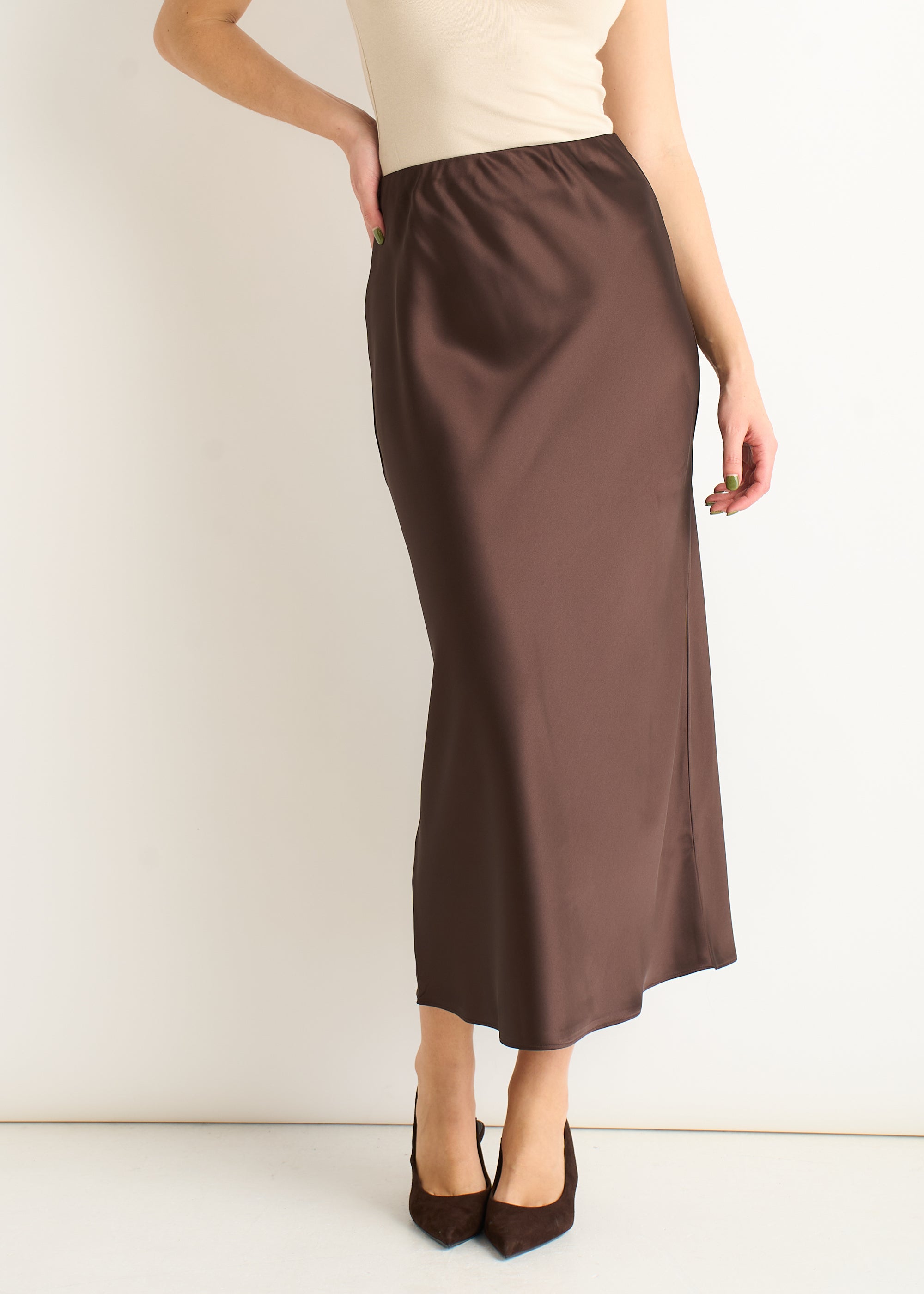 Gini London Chocolate Elastic Waist Satin Bias Cut Midi Skirt