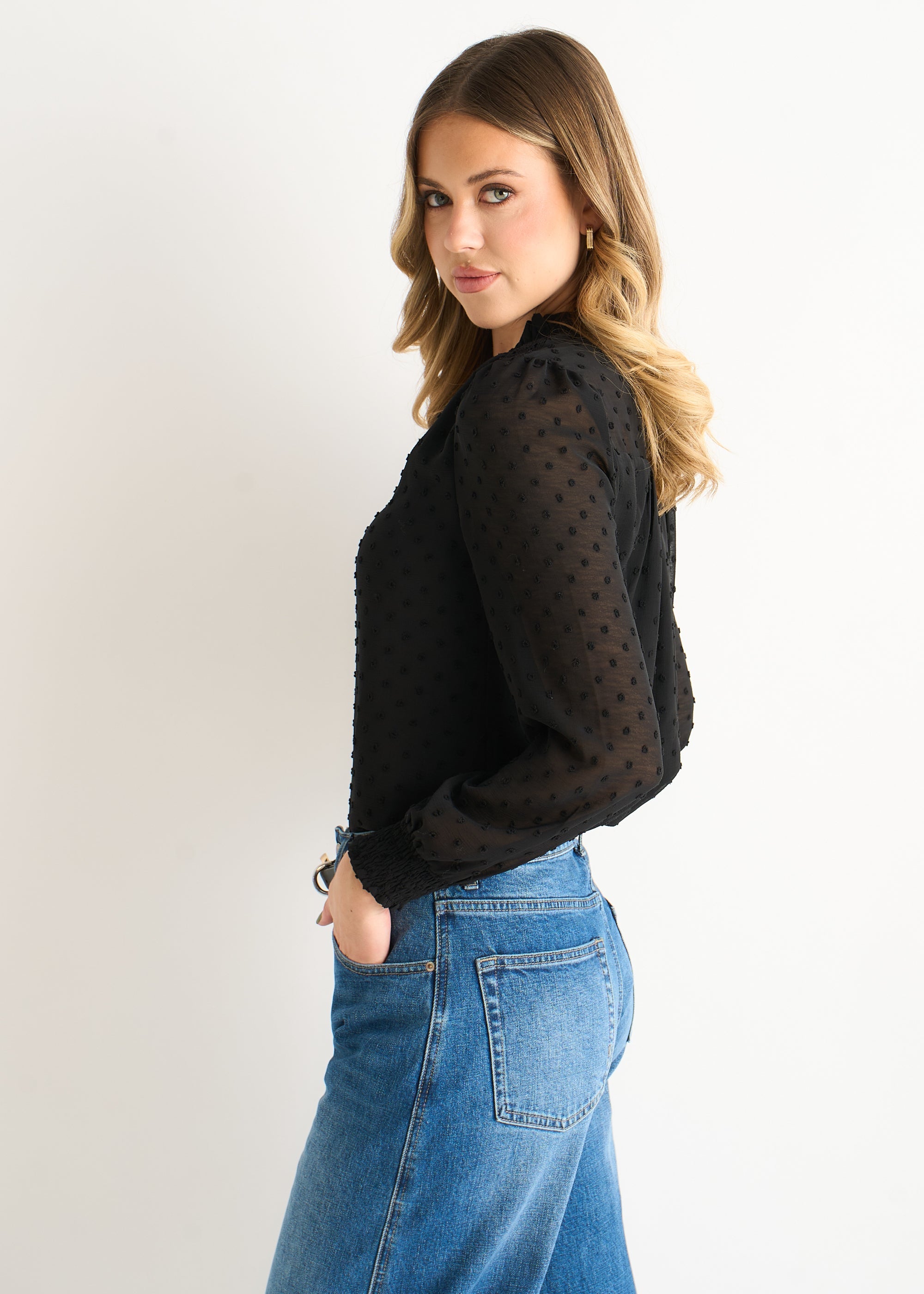 Gini London Black Dobby Chiffon Frill Neck Blouse