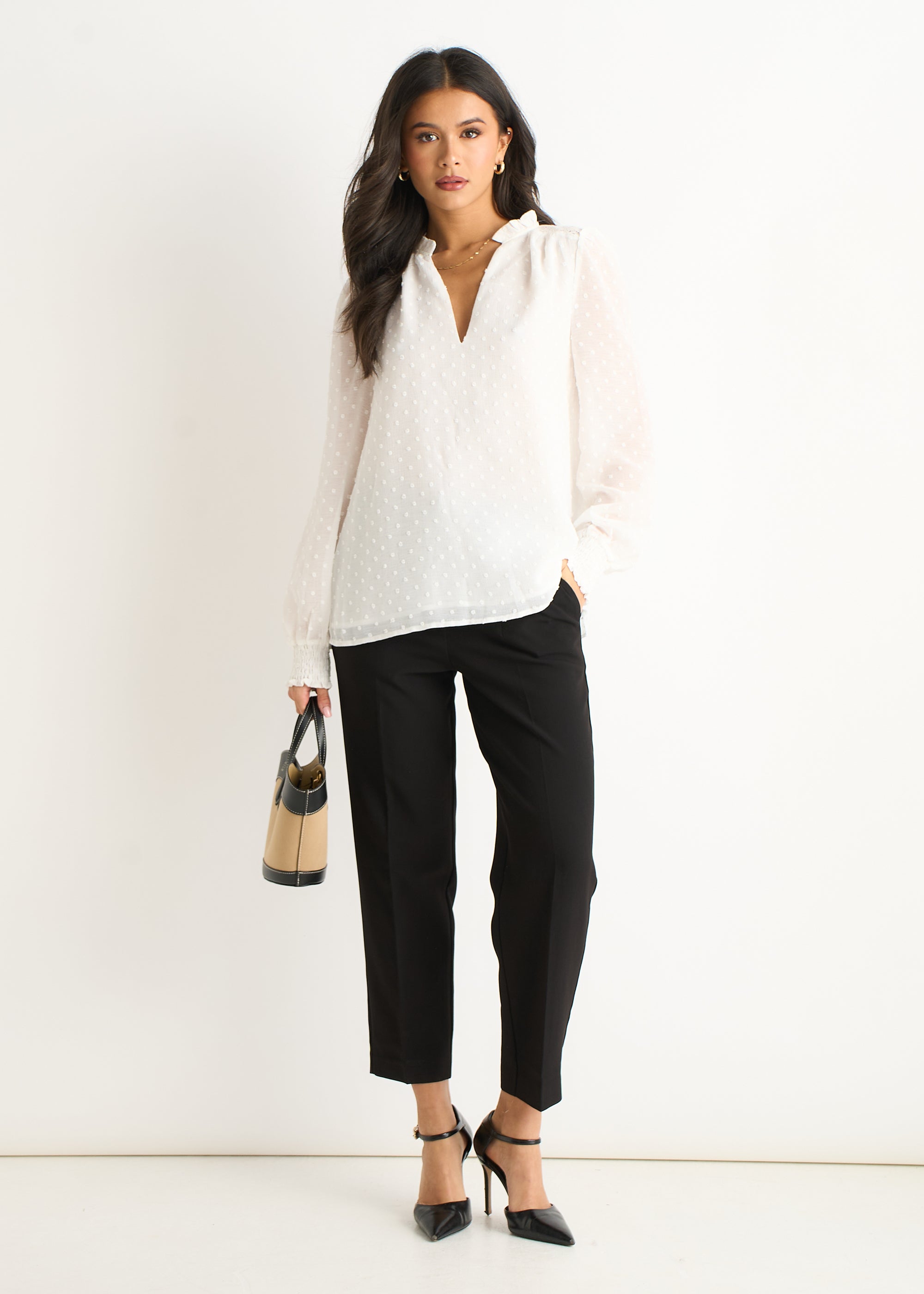 Gini London White Dobby Chiffon Frill Neck Blouse