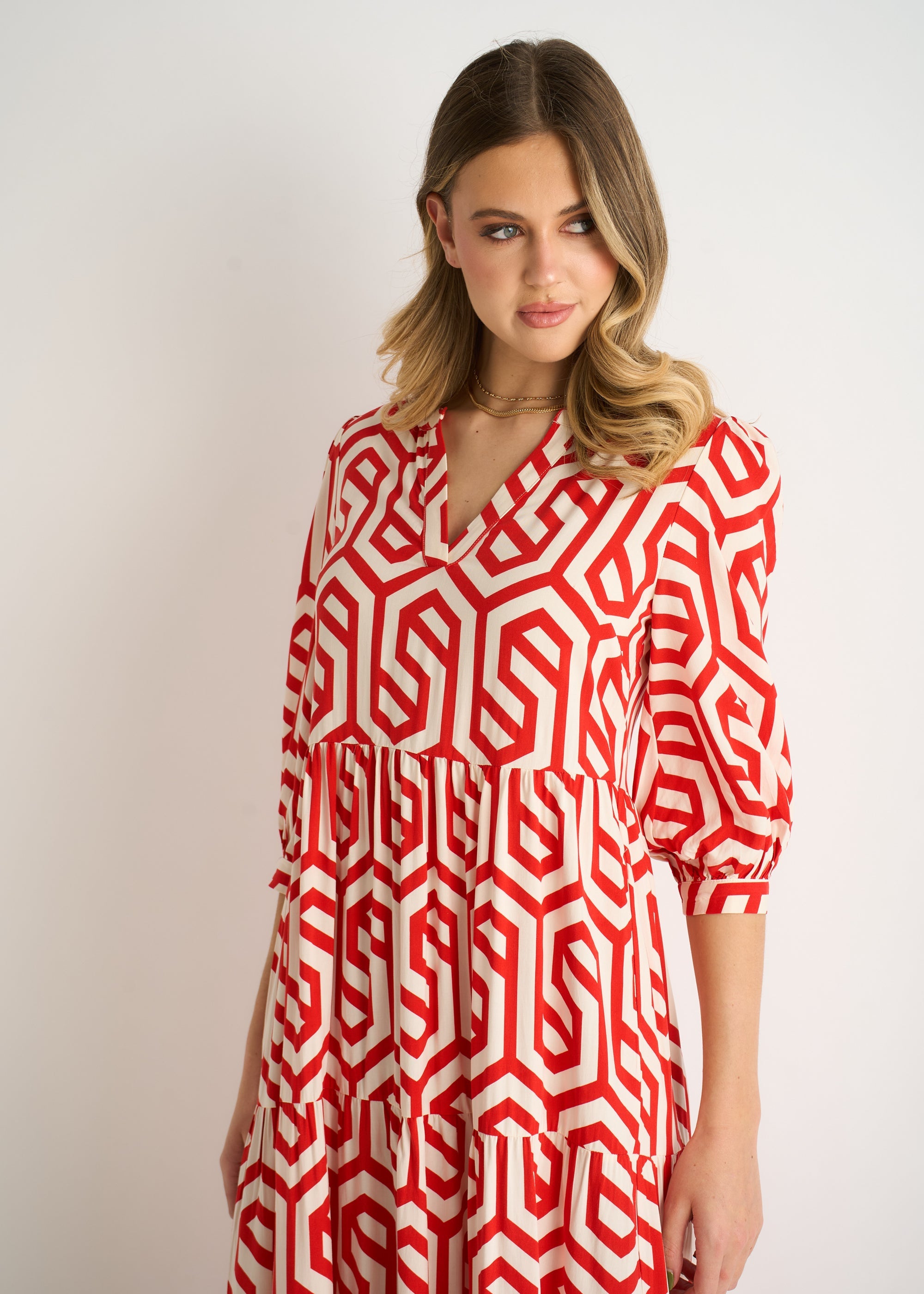 Gini Lodnon Red Geo Print Smock Midi Dress