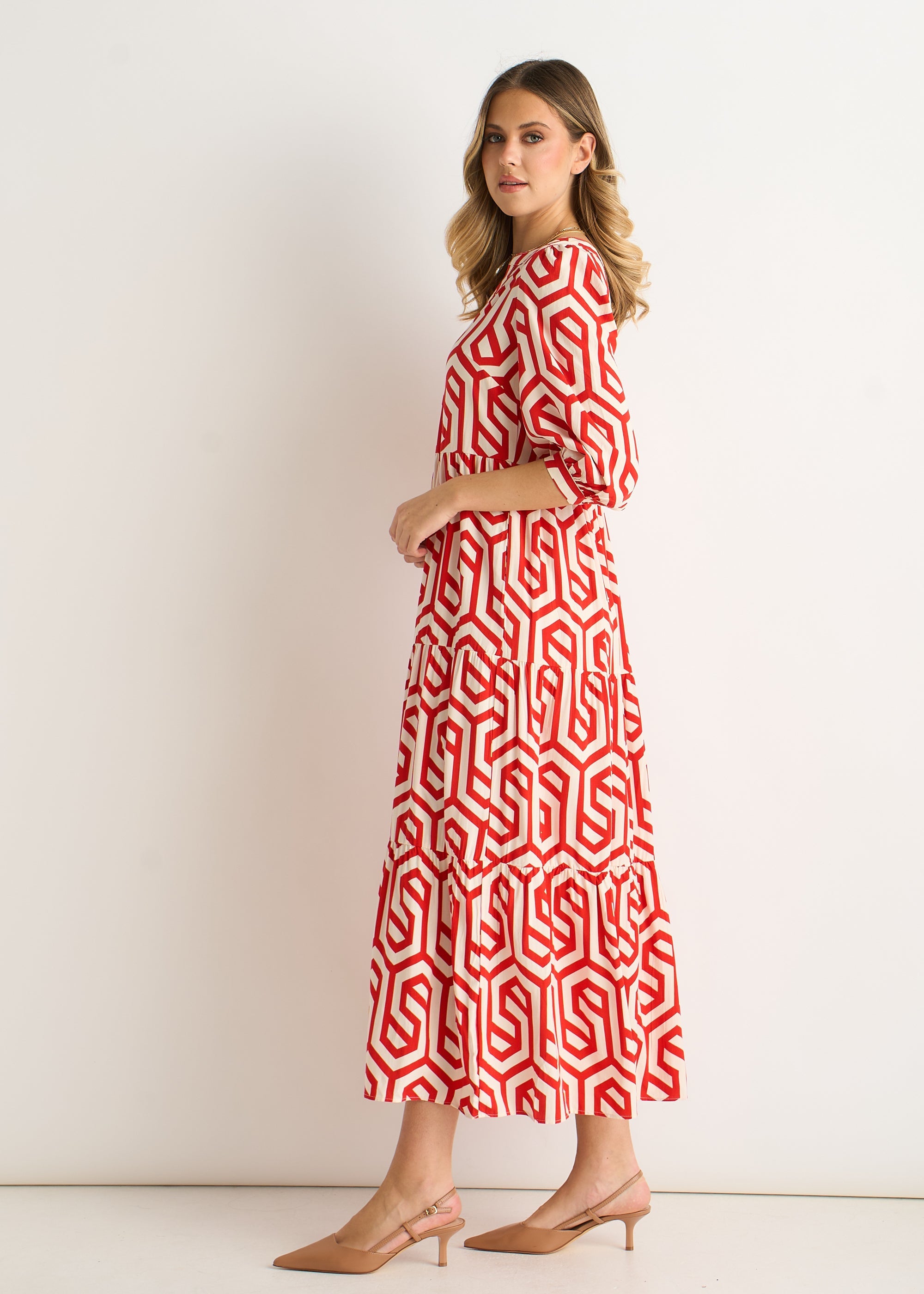 Gini London Gini Lodnon Red Geo Print Smock Midi Dress