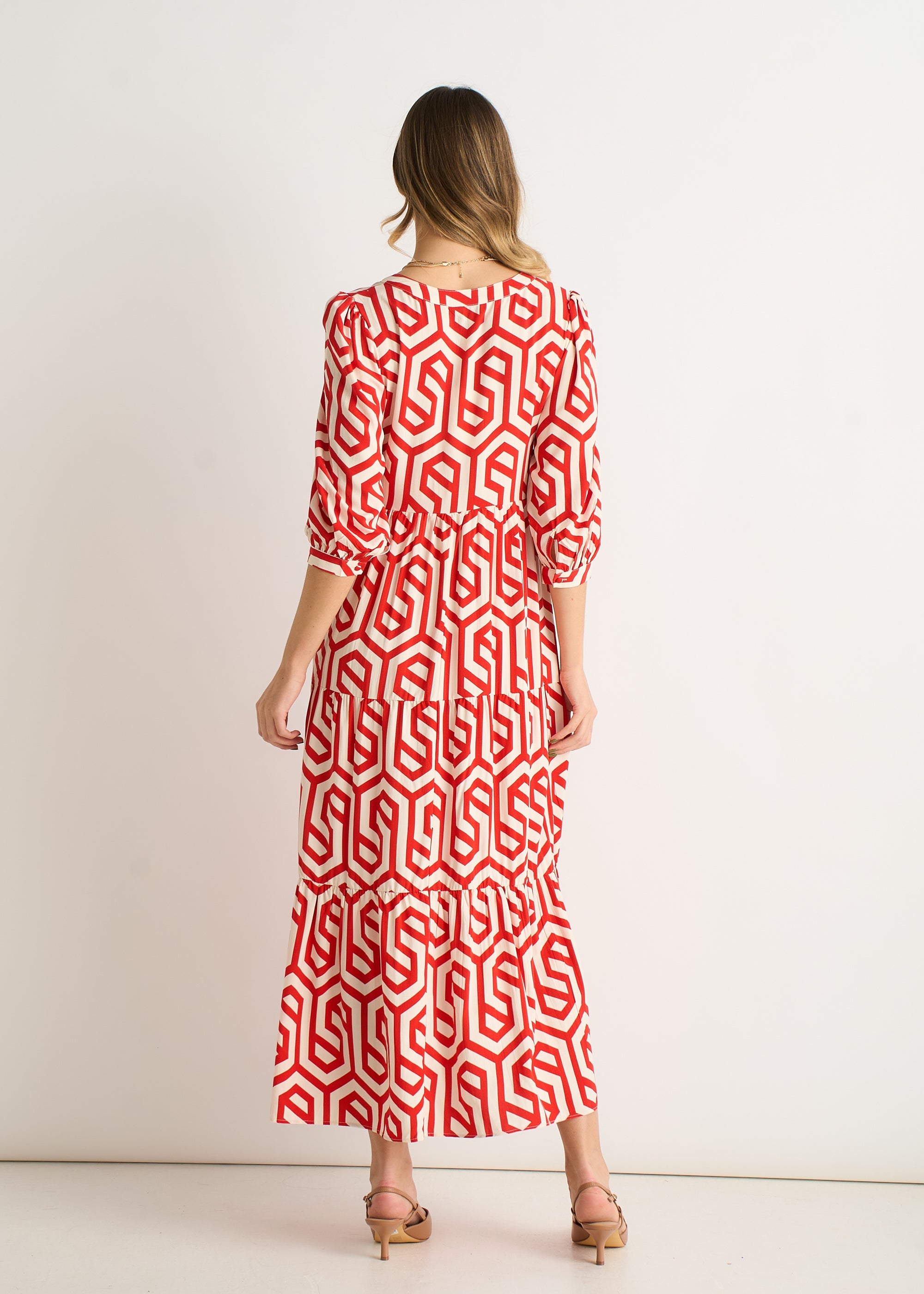 Gini London Gini Lodnon Red Geo Print Smock Midi Dress