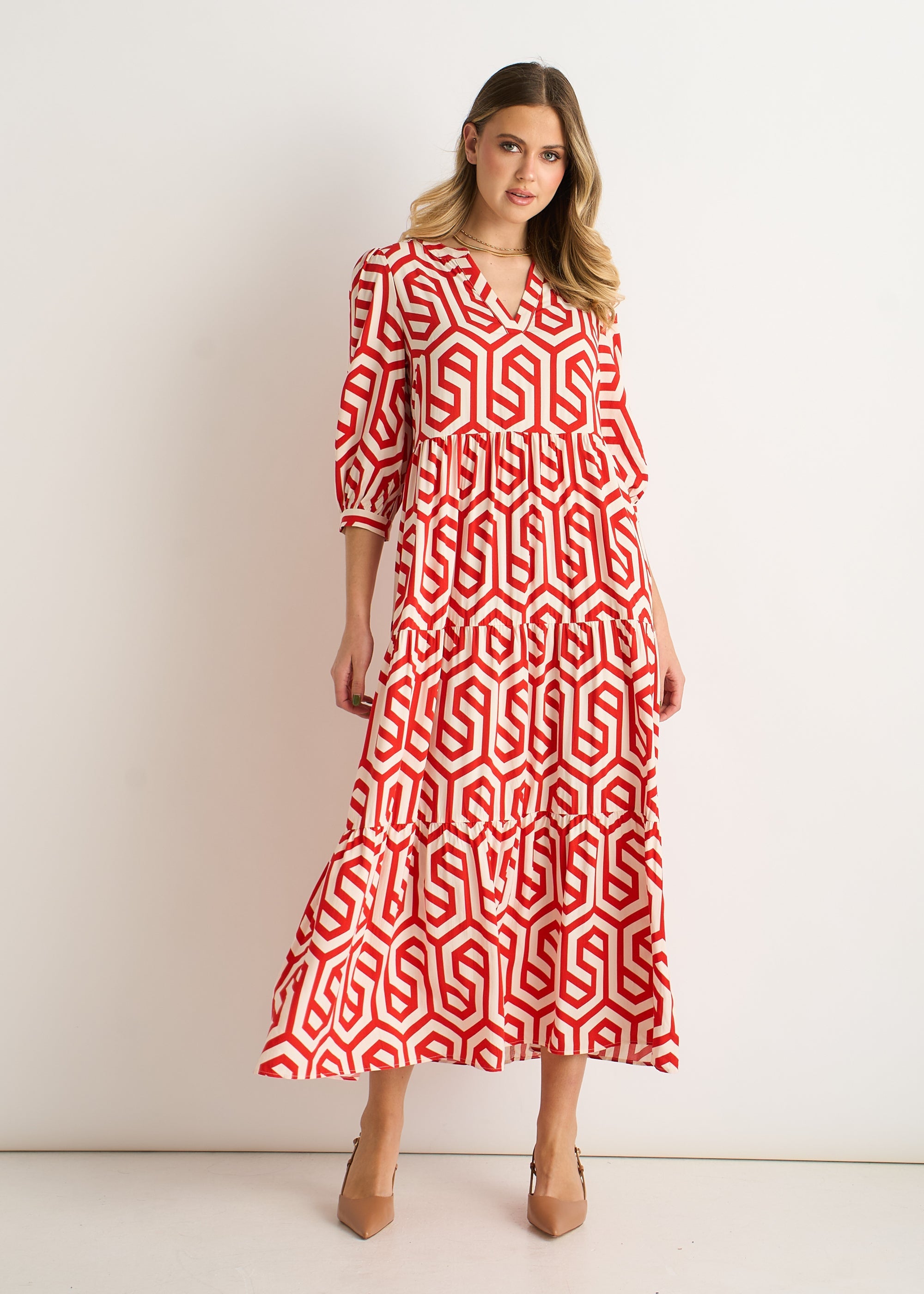Gini Lodnon Red Geo Print Smock Midi Dress