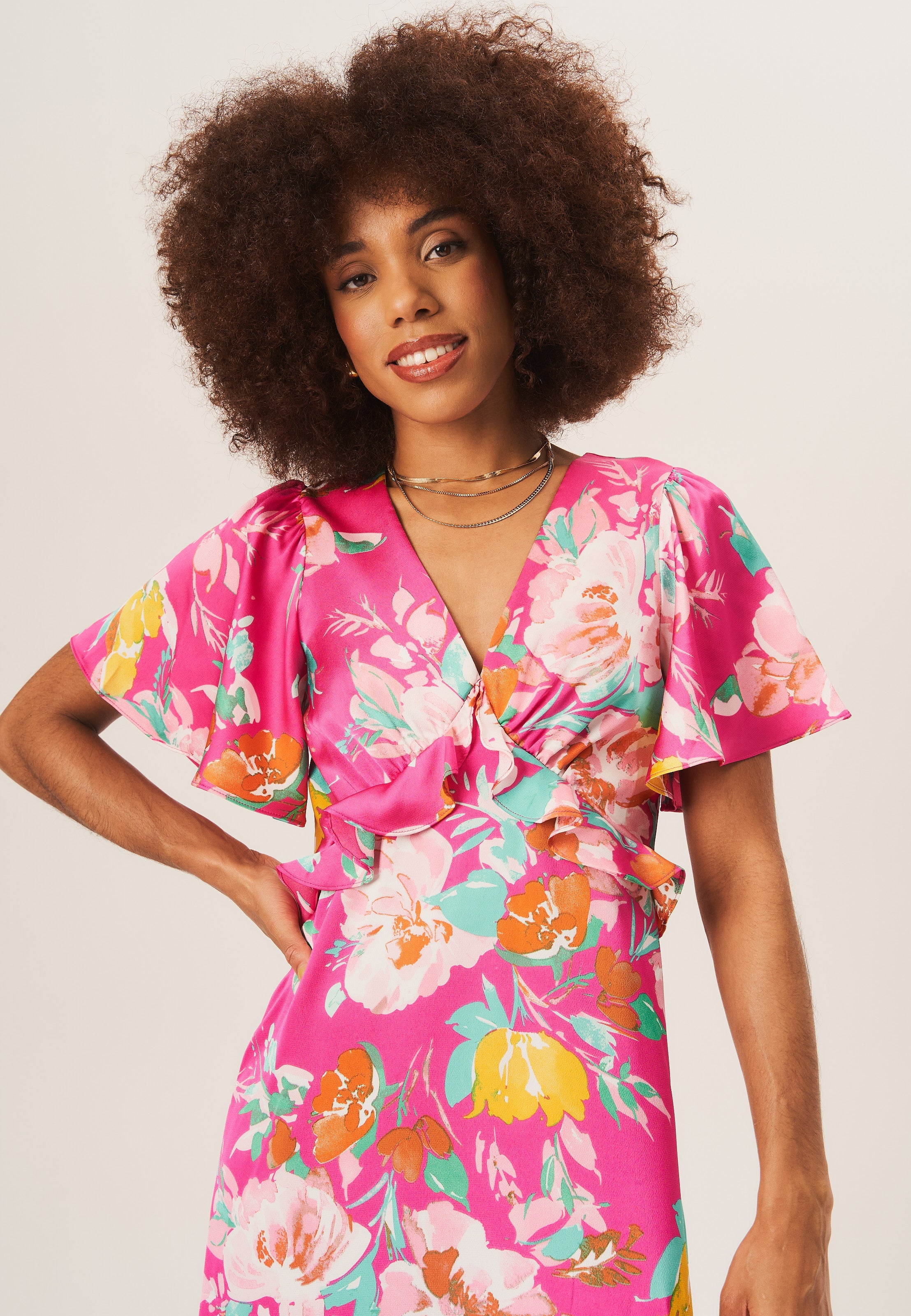 Gini London Pink Floral Print Angel Sleeves Midi Dress