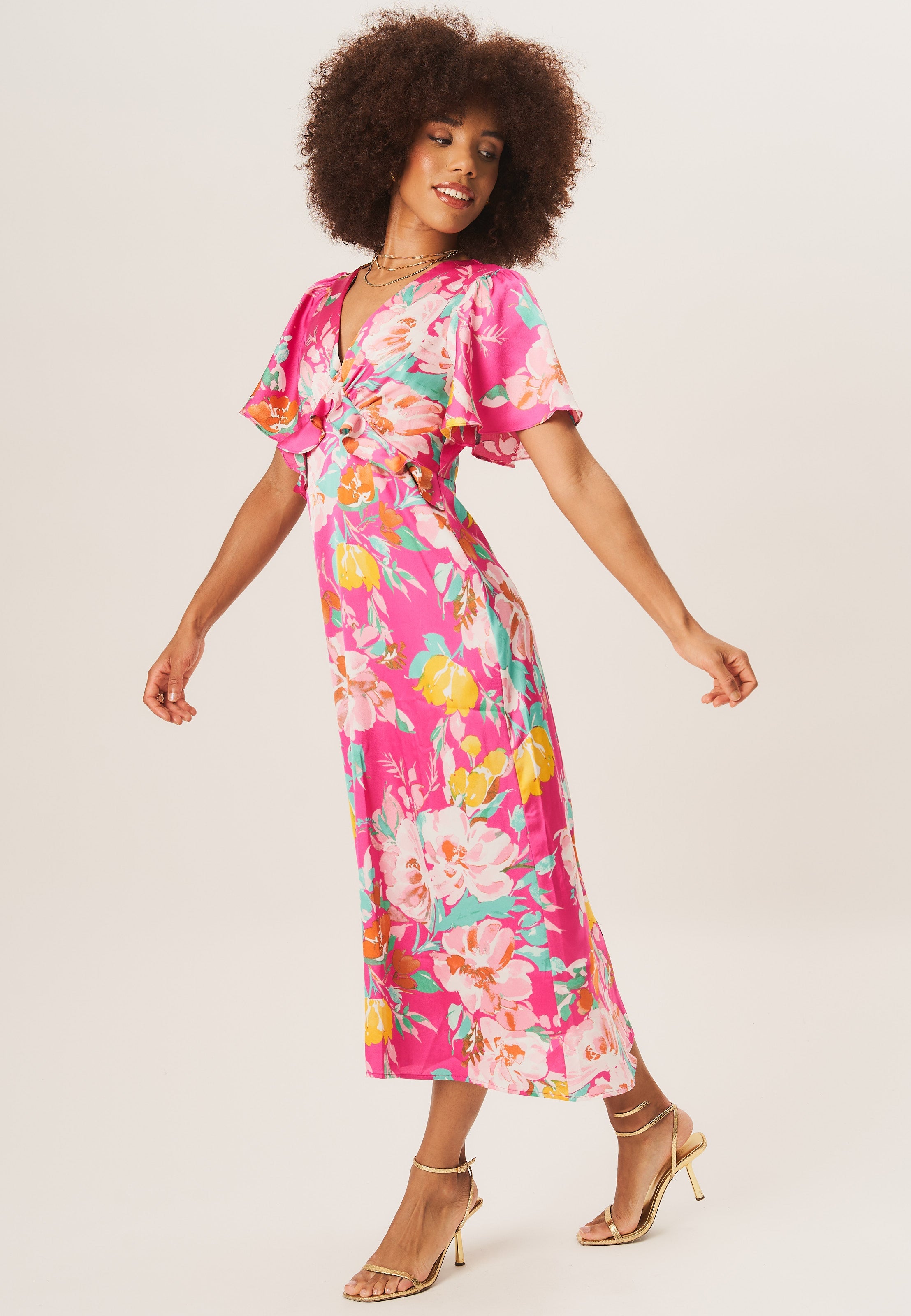 Gini London Pink Floral Print Angel Sleeves Midi Dress