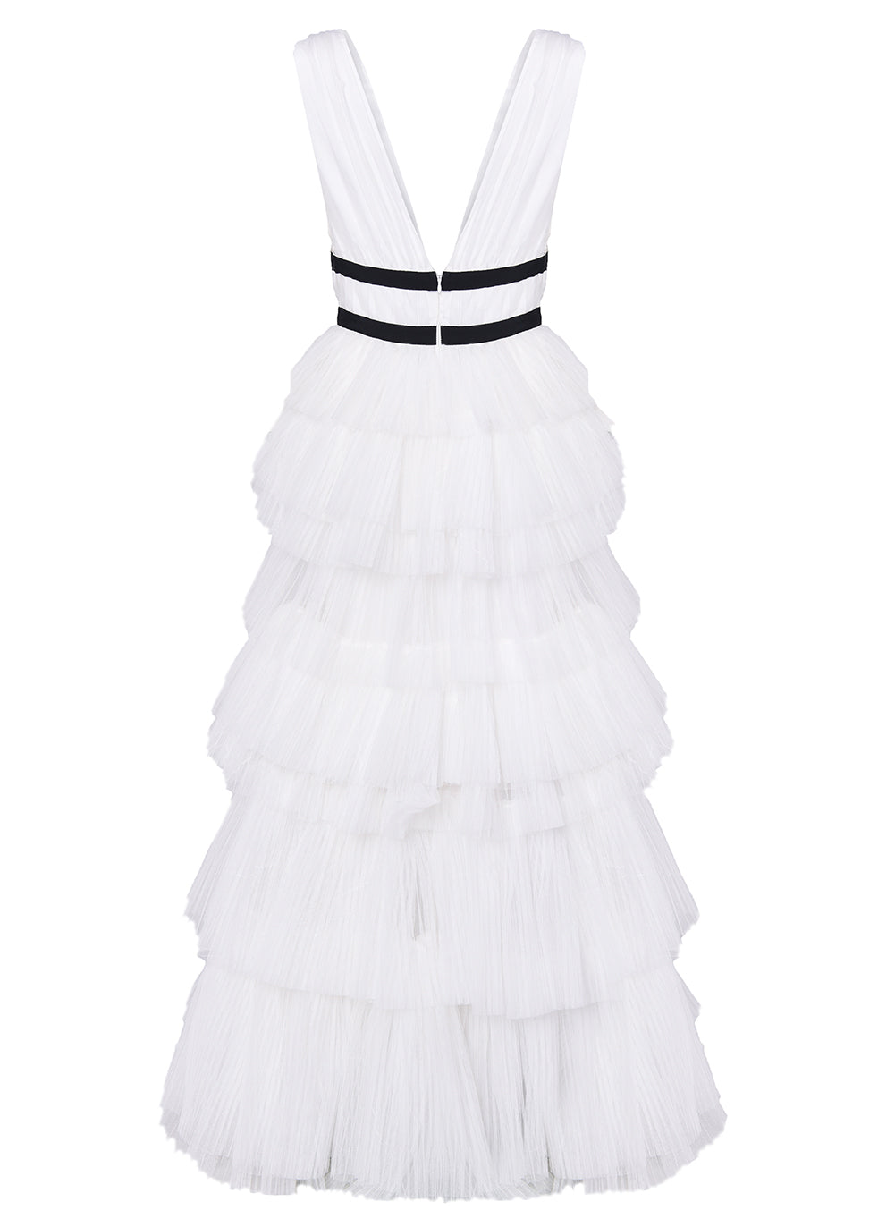 Eliza White Plunging Neck Layered Tulle Skirt Maxi-Dress-image-5