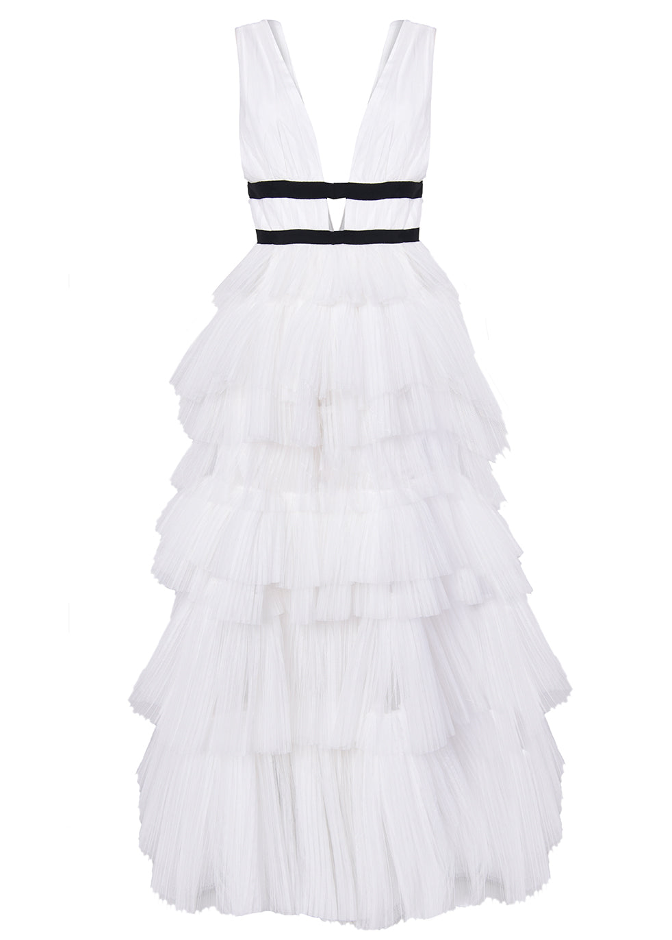Eliza White Plunging Neck Layered Tulle Skirt Maxi-Dress-image-4
