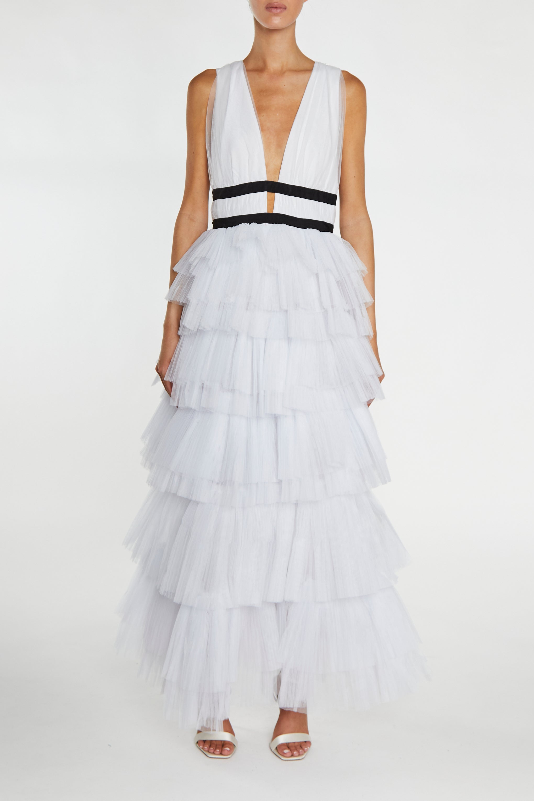 Eliza White Fully Lined Plunging Neck Maxi Dress with Layered Tulle Skirt-image-1