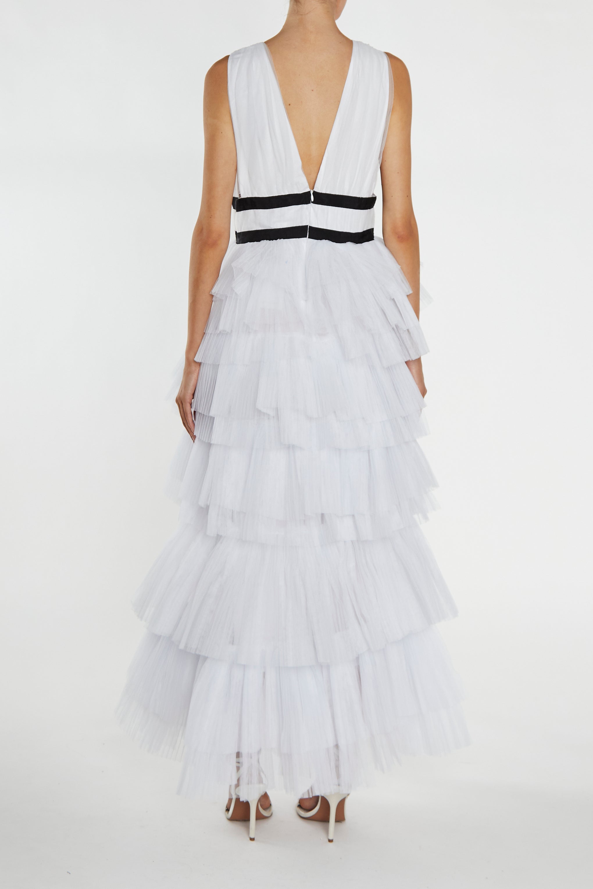 Eliza White Fully Lined Plunging Neck Maxi Dress with Layered Tulle Skirt-image-2