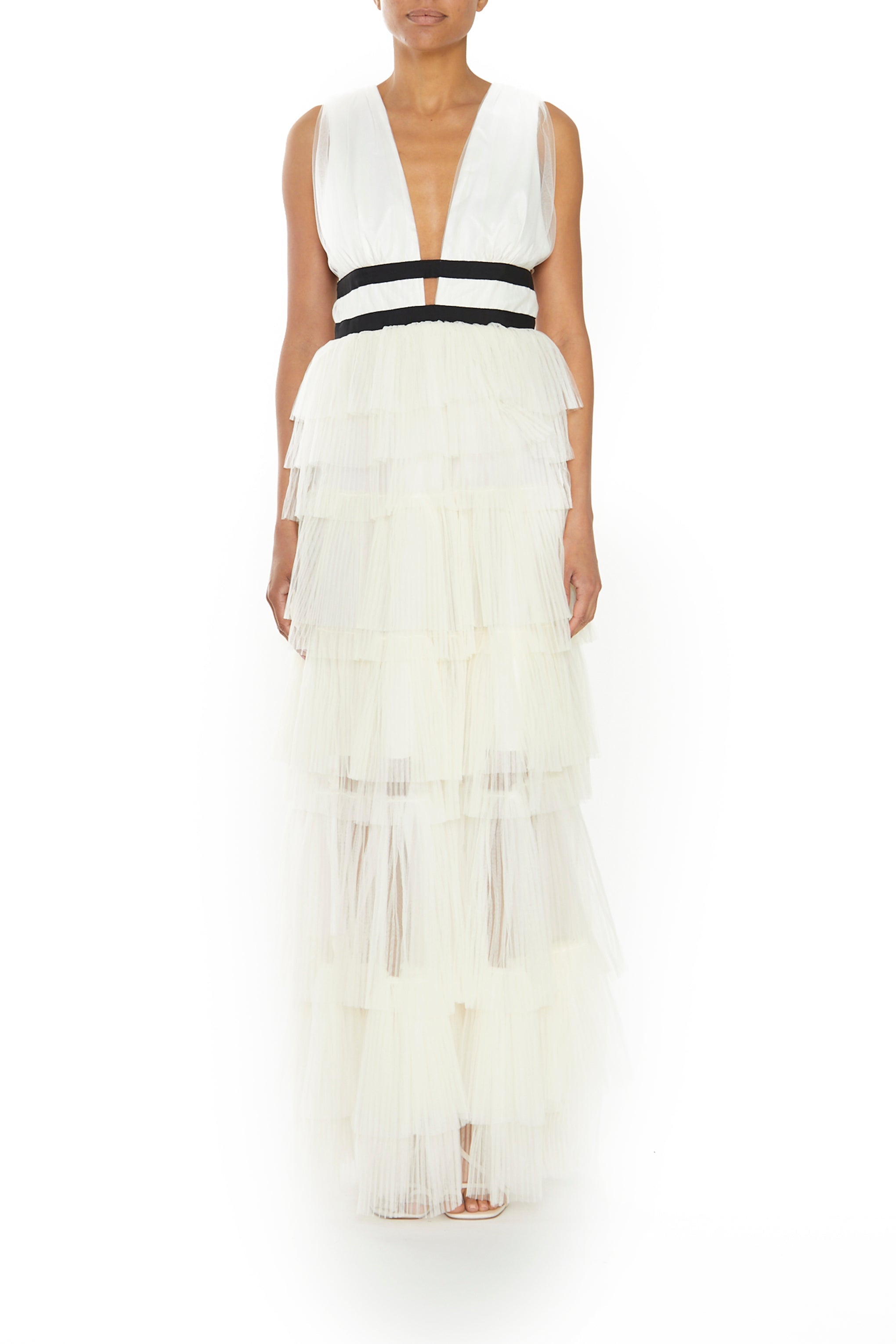 Eliza Cream Plunging Neck Layered Tulle Skirt Maxi-Dress-image-1