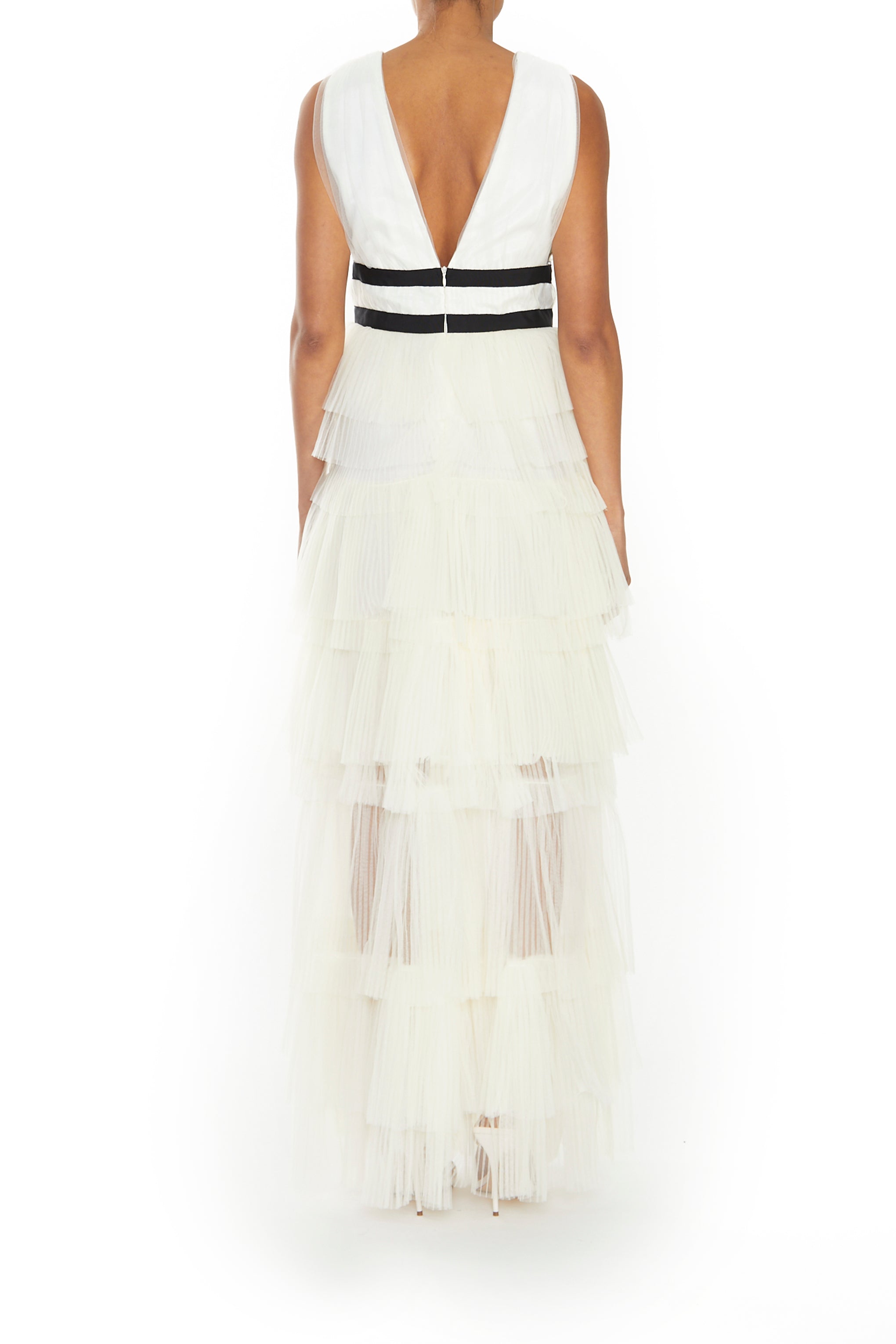 Eliza Cream Plunging Neck Layered Tulle Skirt Maxi-Dress-image-2