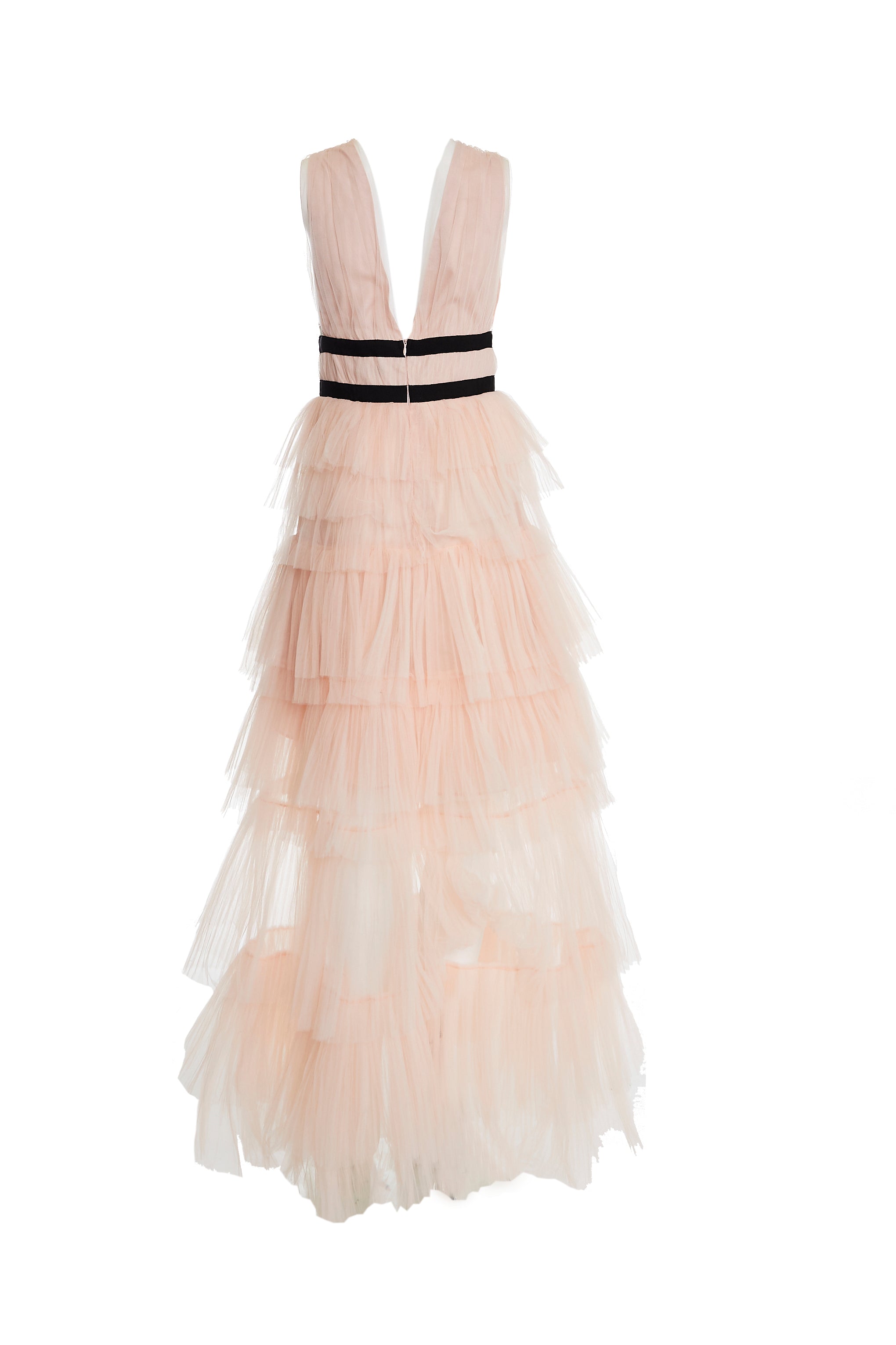 Eliza Peachy Nude Plunging Neck Layered Tulle Skirt Maxi-Dress-image-3