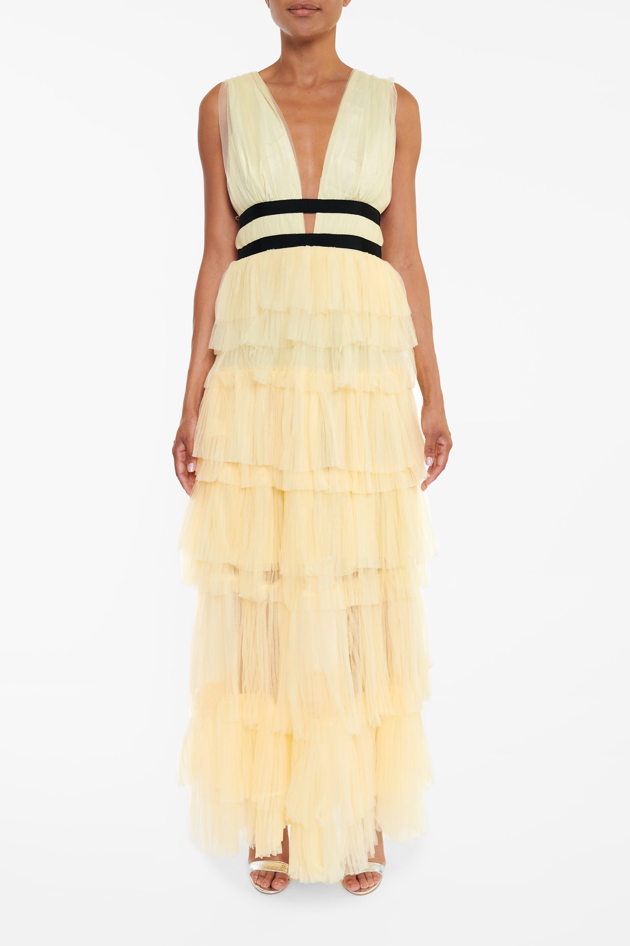true decadence yellow dress true Decadence Eliza Pale Yellow Plunging Neck Layered Tulle Skirt Max