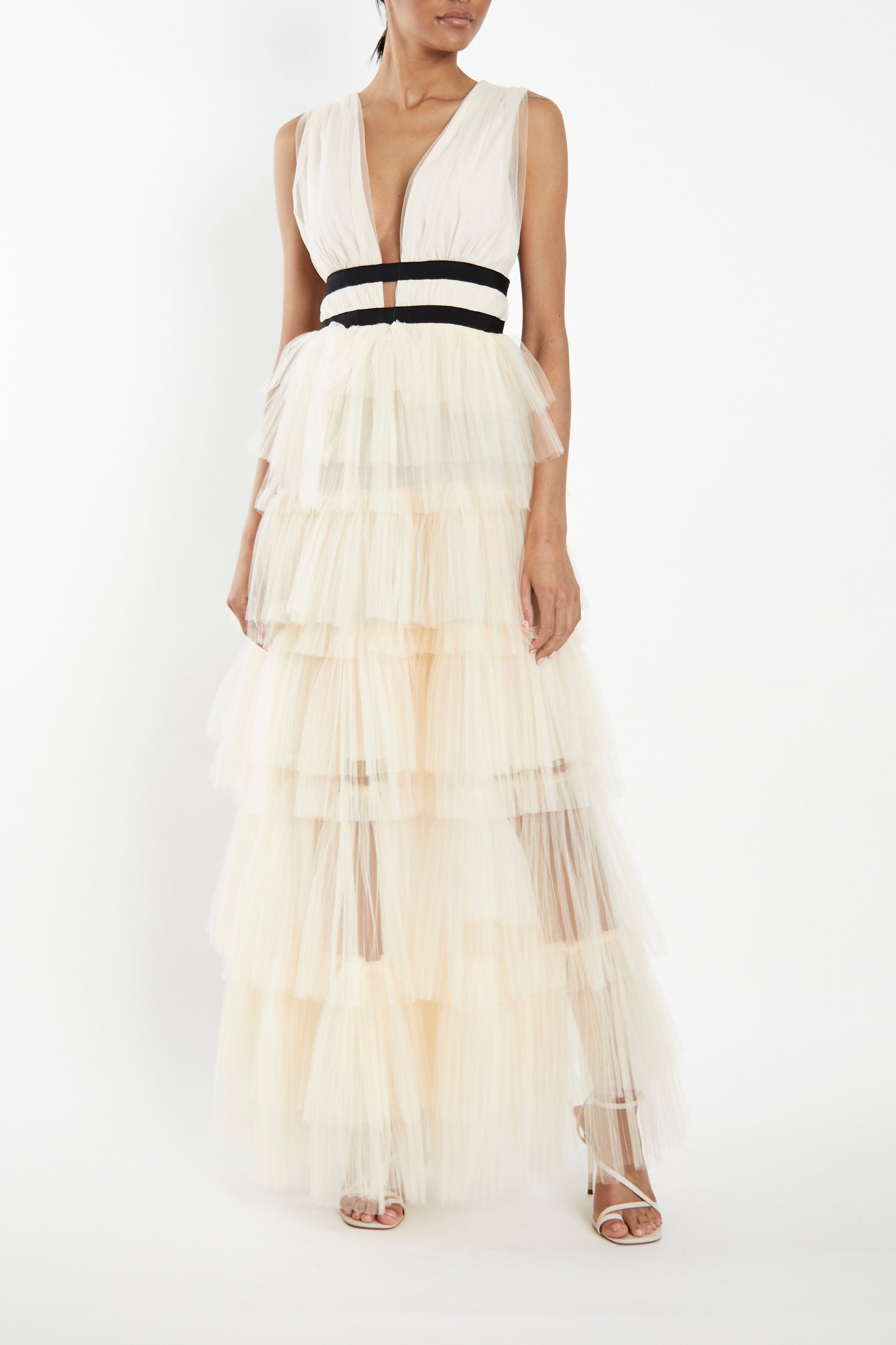 Eliza Pearl Plunging Neck Layered Tulle Skirt Maxi-Dress-image-1