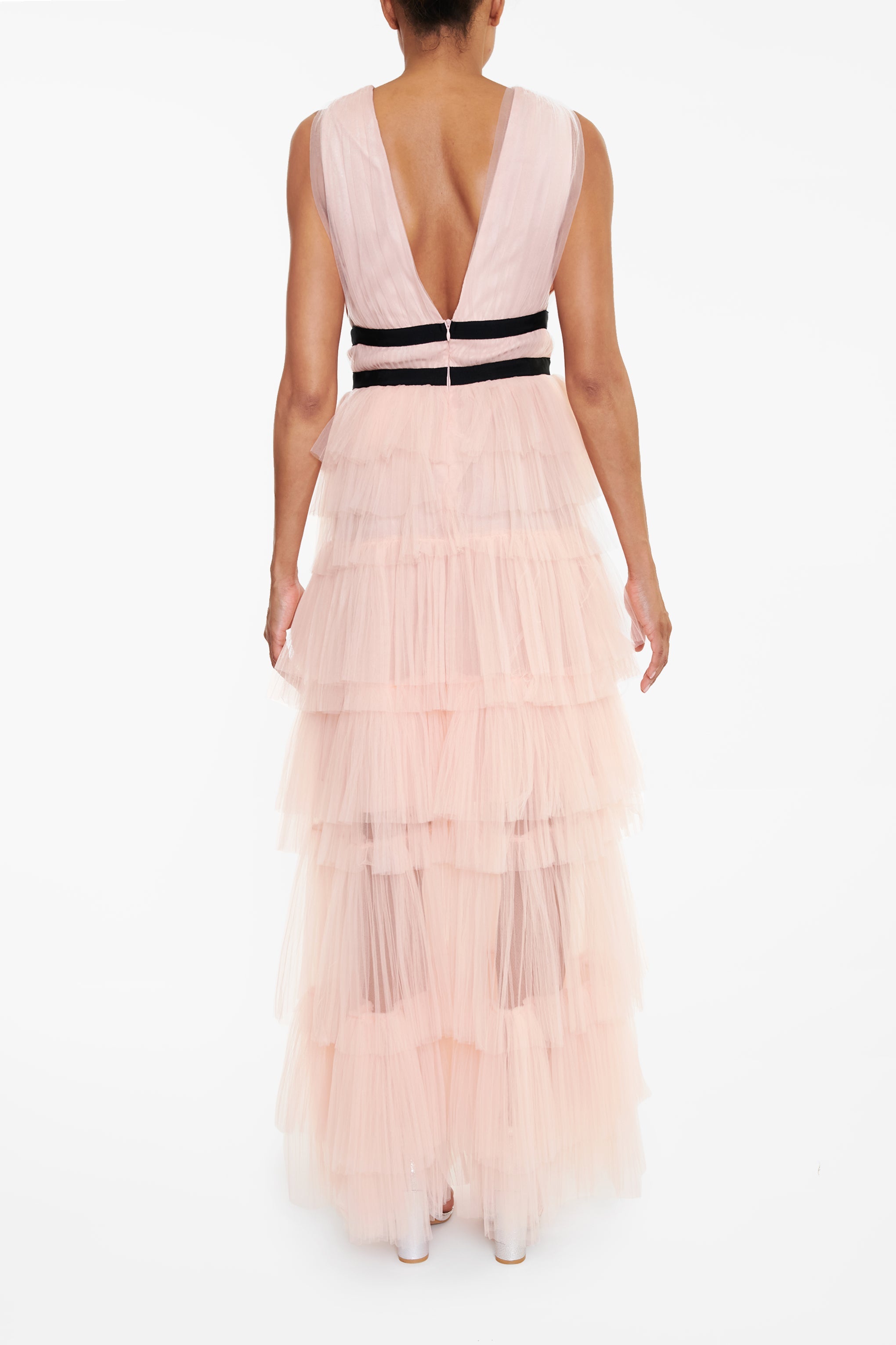 Eliza Peachy Nude Plunging Neck Layered Tulle Skirt Maxi-Dress-image-2
