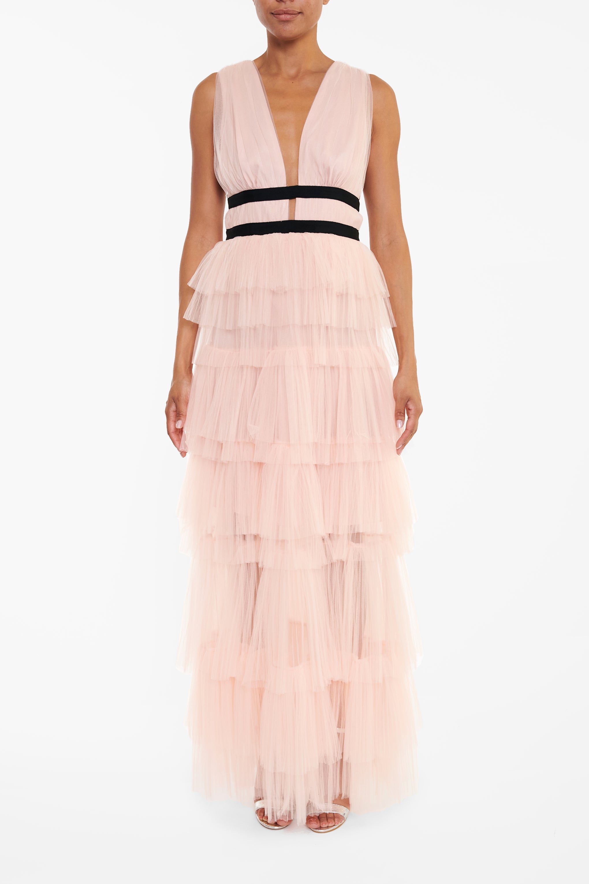 Eliza Peachy Nude Plunging Neck Layered Tulle Skirt Maxi-Dress-image-1