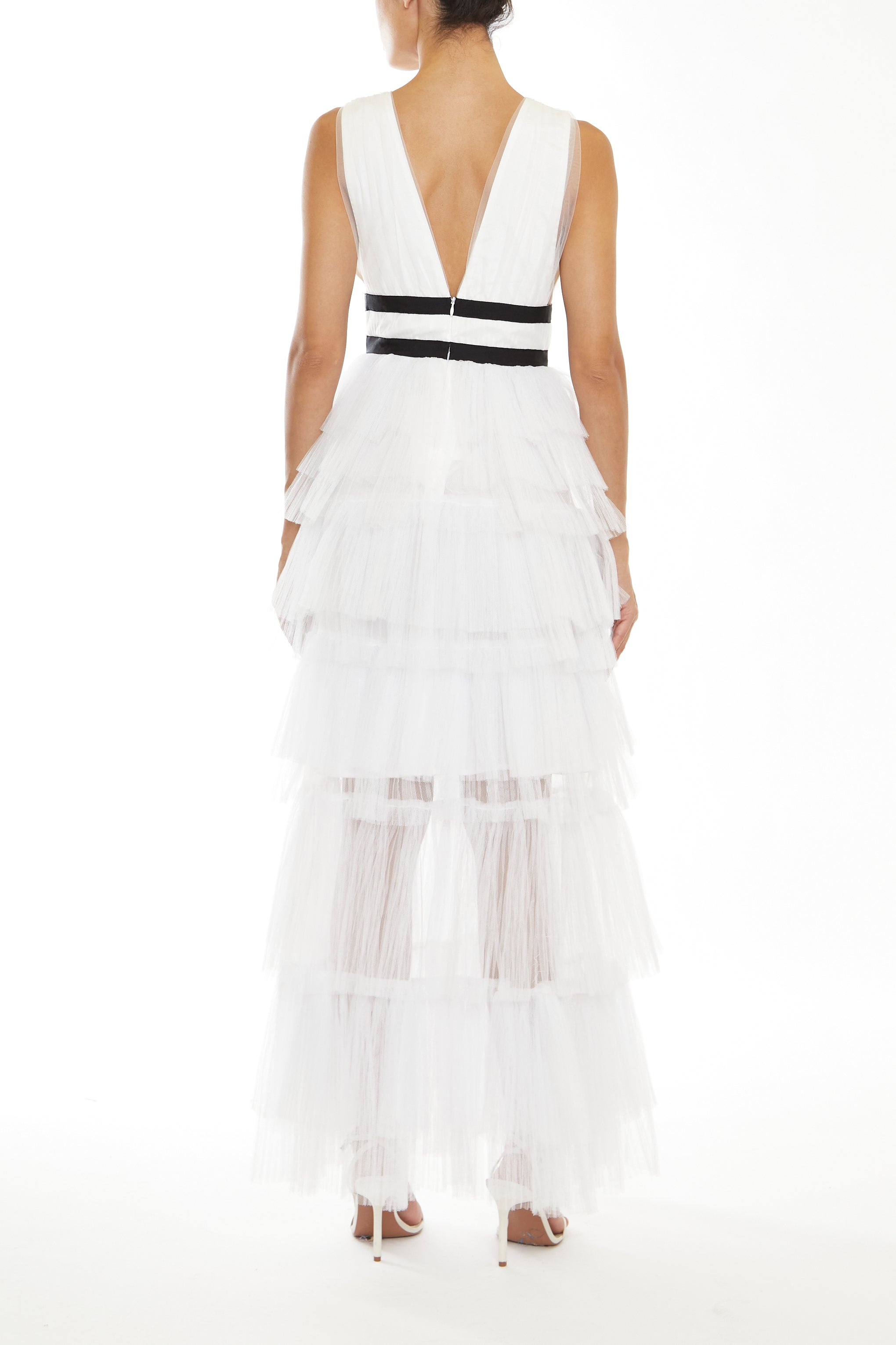 Eliza White Plunging Neck Layered Tulle Skirt Maxi-Dress-image-2