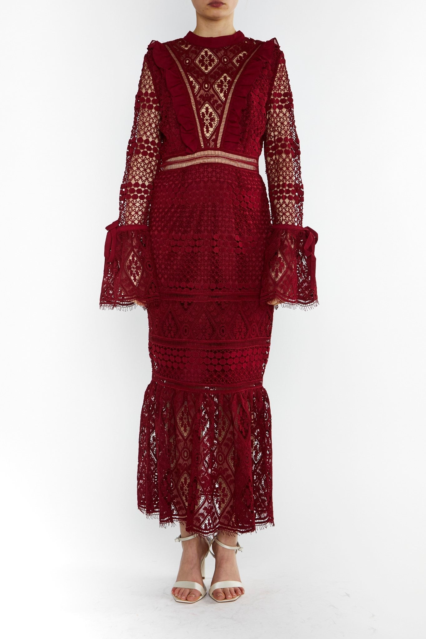 True Decadence Burgundy Jenna Peplum-Sleeve Lace Midi Dress True Decadence Burgundy Jenna Peplum-Sleeve Lace Midi Dress