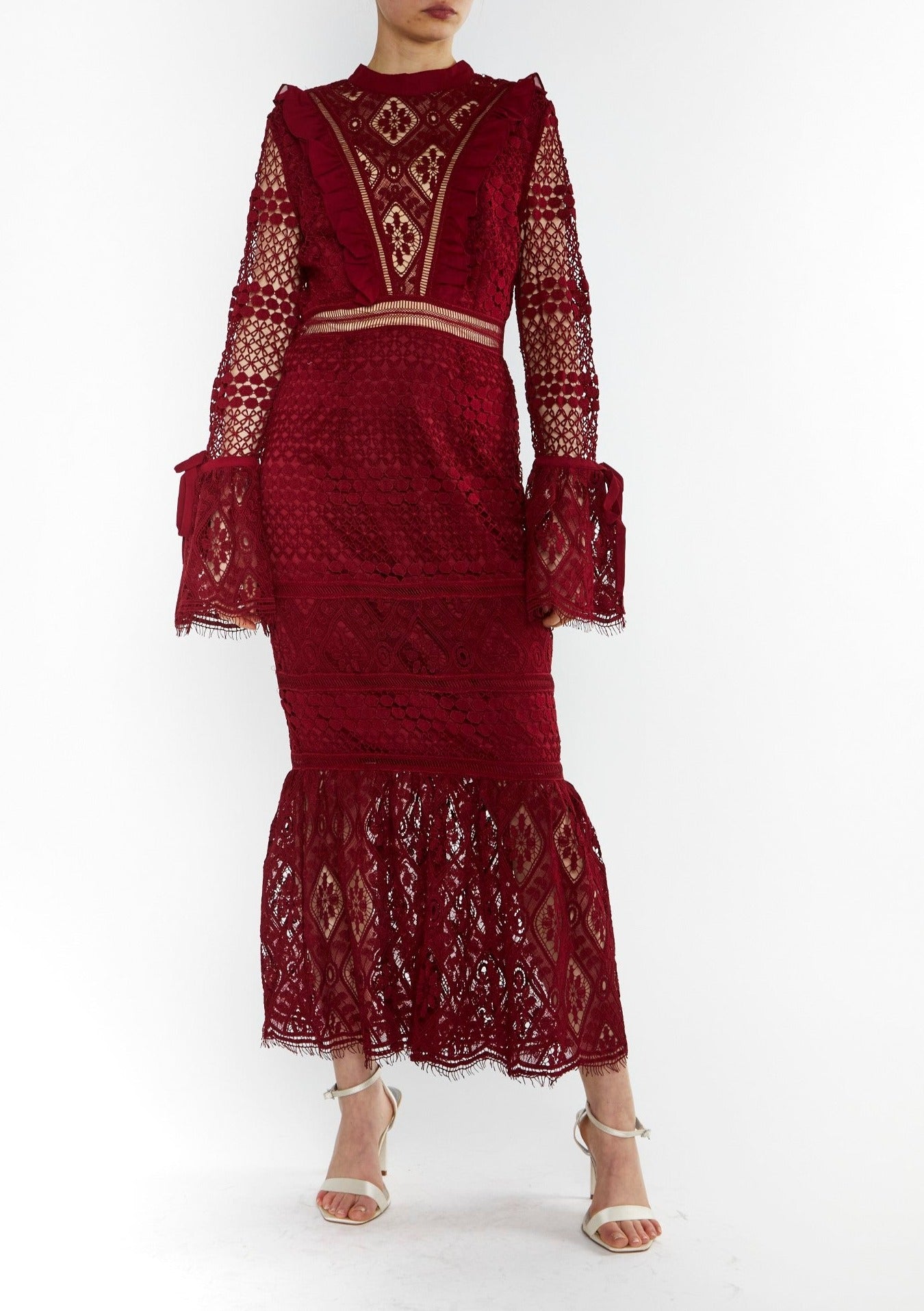 True Decadence Burgundy Jenna Peplum-Sleeve Lace Midi Dress