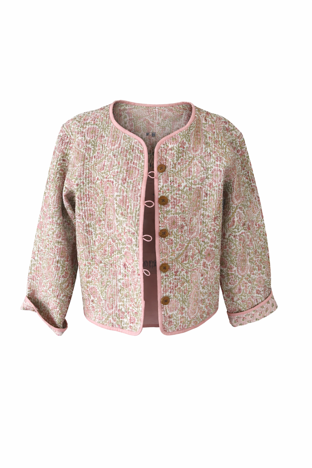 Soul Of Sita Pink/Green Floral Wood Block Printed Reversible Jacket With Wooden Buttons, 100% Cotton, Hand Printed By Amazingly Talented Artisans In Jaipur.