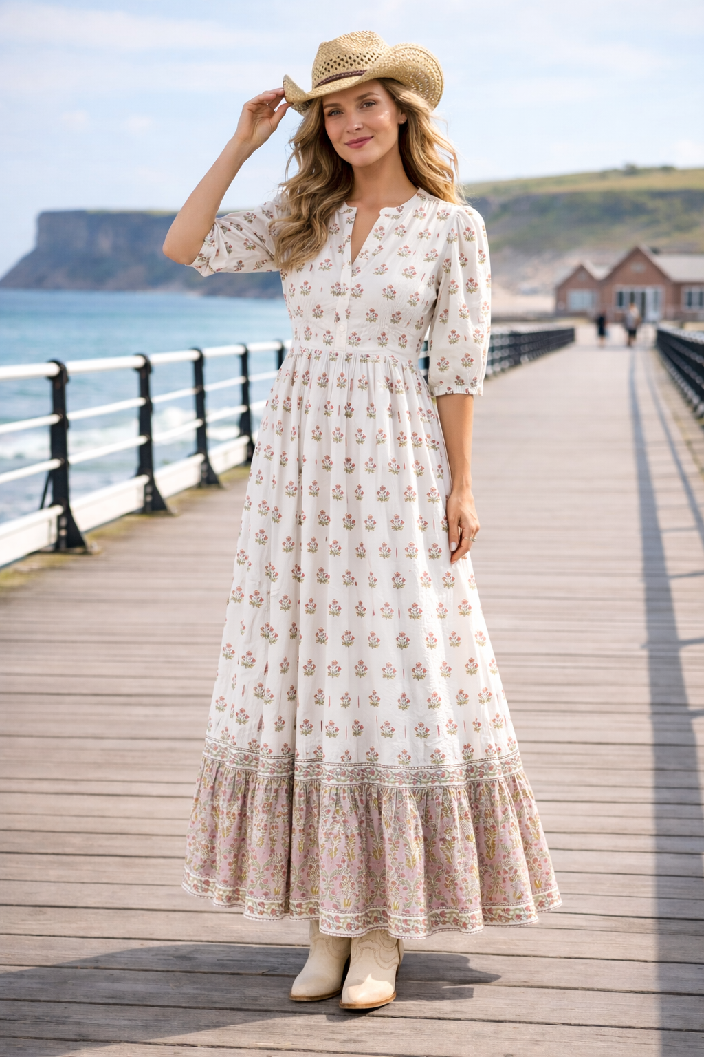 Soul Of Sita Lalita Cream Woodblock Print Maxi Dress 100% Cotton, Side Pockets And Border