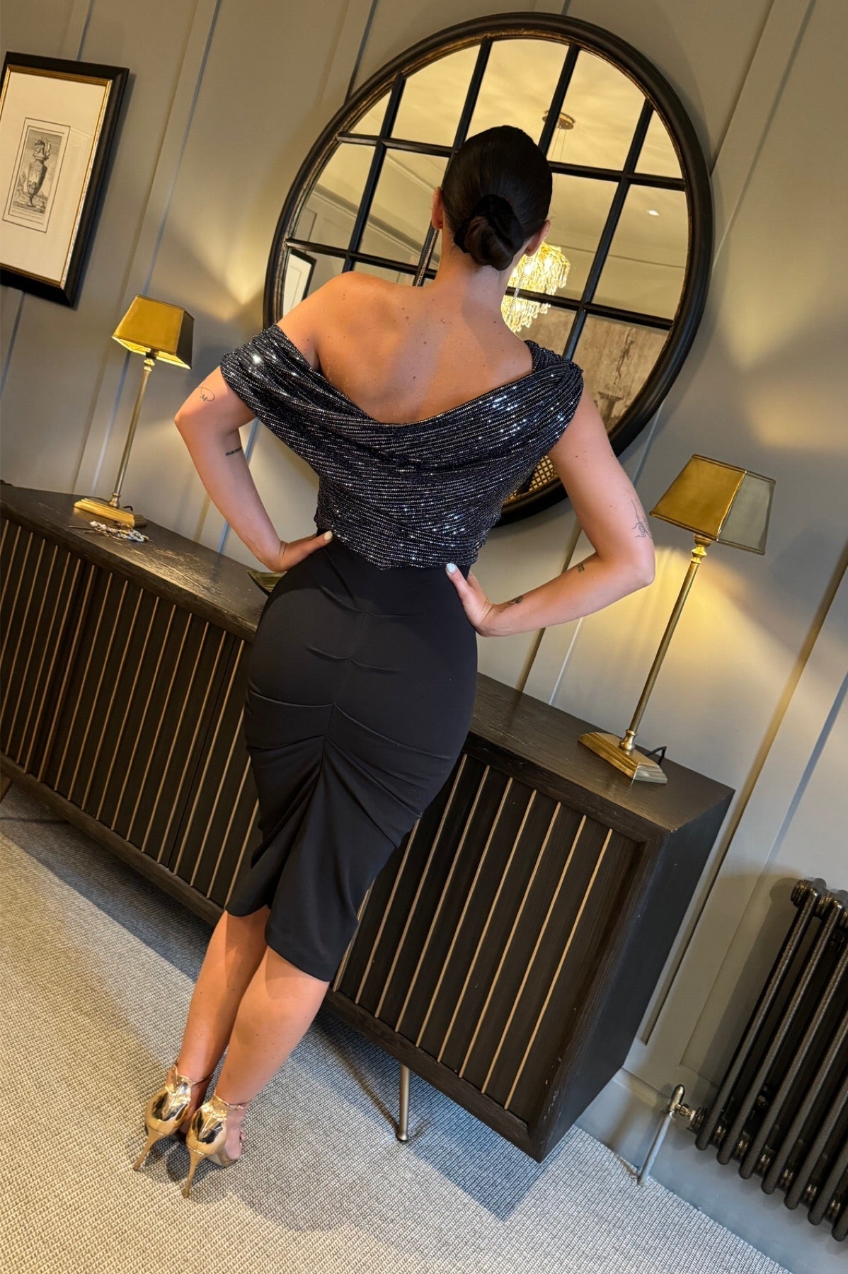 Atom Label Gunmetal Janus Cocktail Dress