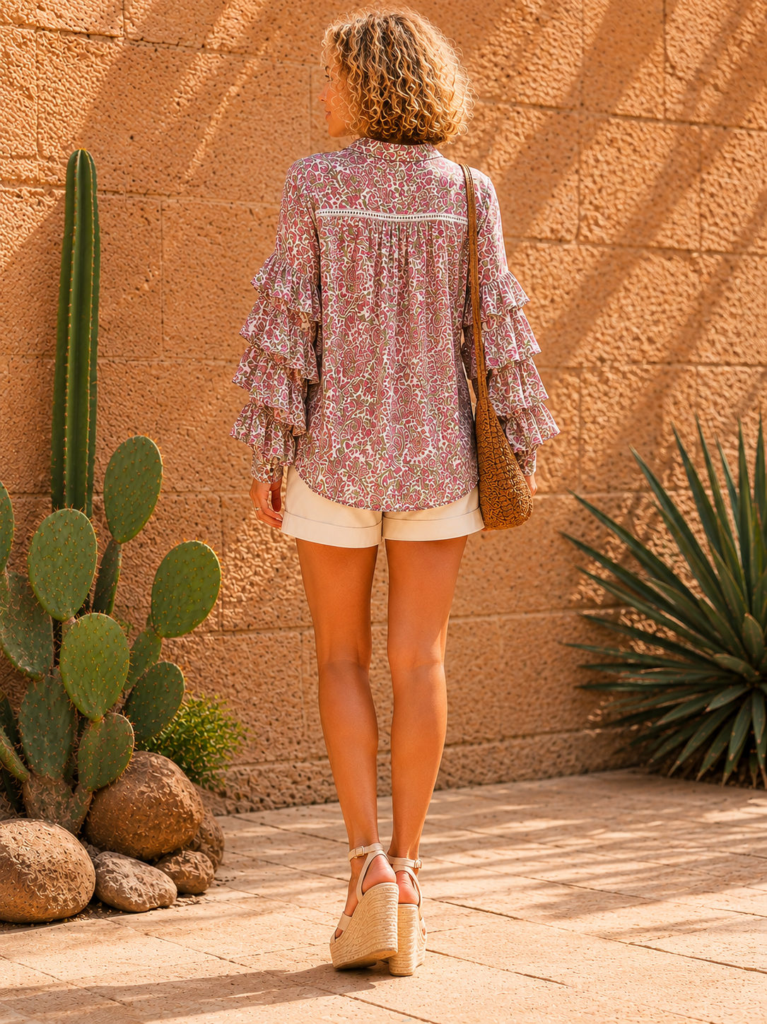 Soul Of Sita Liberty Woodblock Printed Frill Sleeve Blouse In Pink Paisley Floral