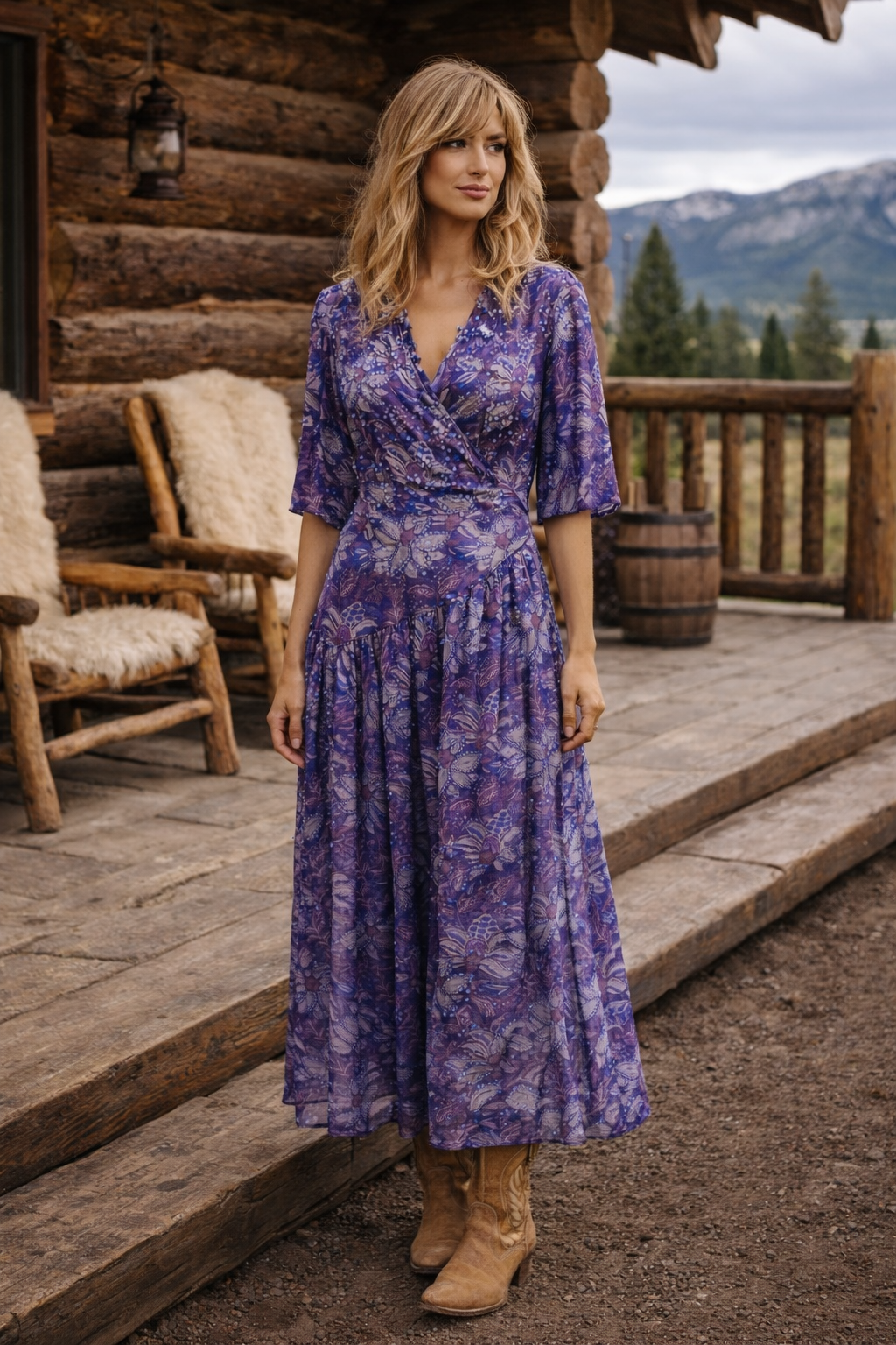 Woman in a purple floral dress standing on a wooden deck with a mountainous background