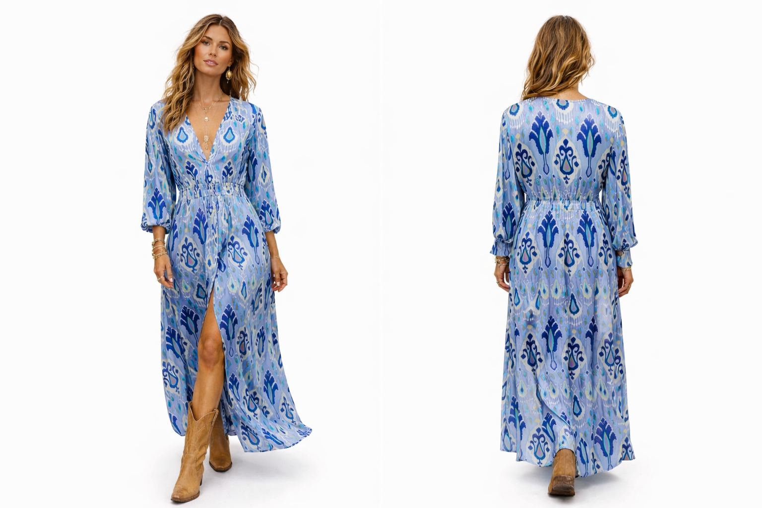 Soul Of Sita Blue Aztec Print Satin Button Through Maxi Dress
