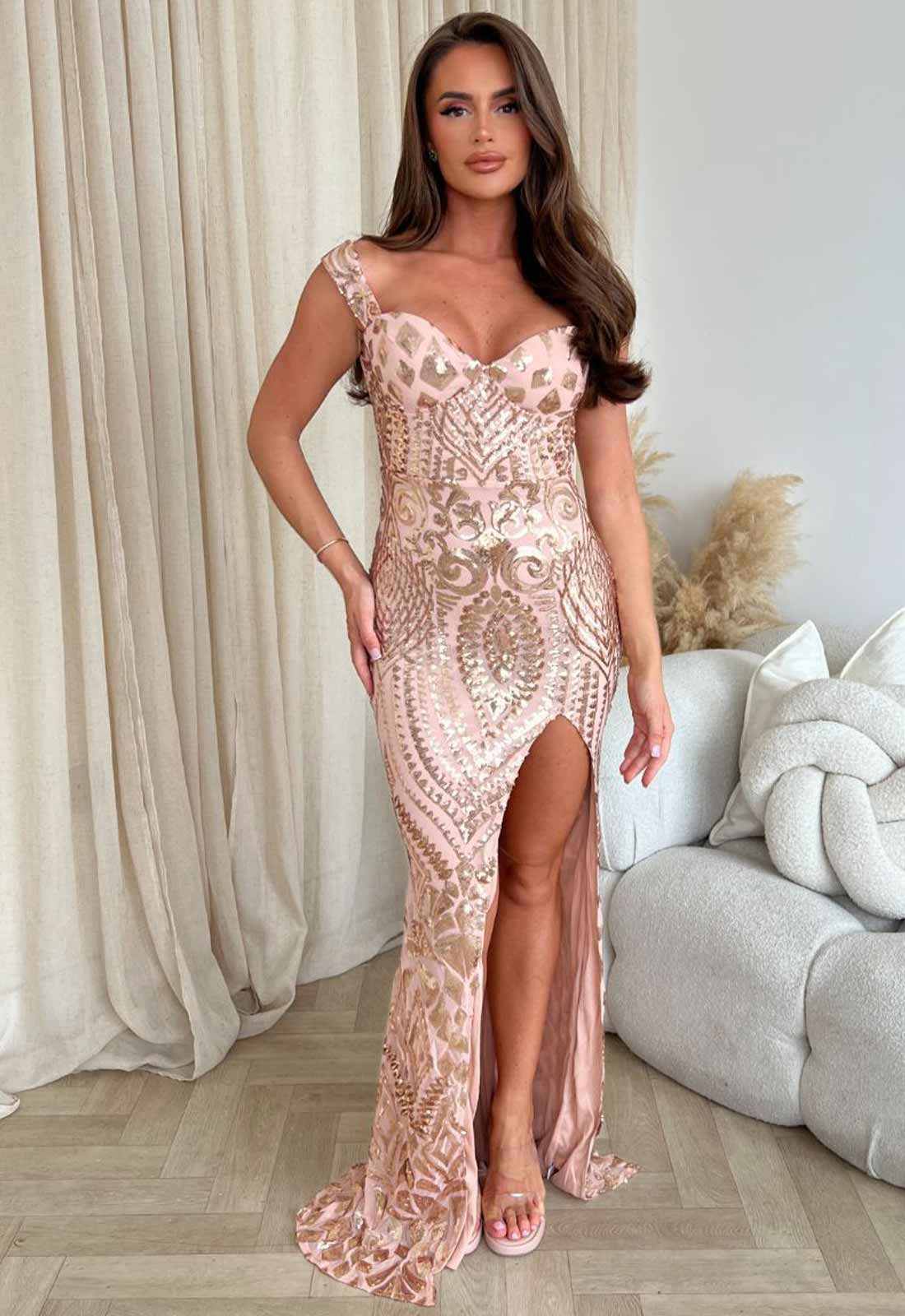 Nazz Collection Rose Gold Angelika Sequin Maxi Dress