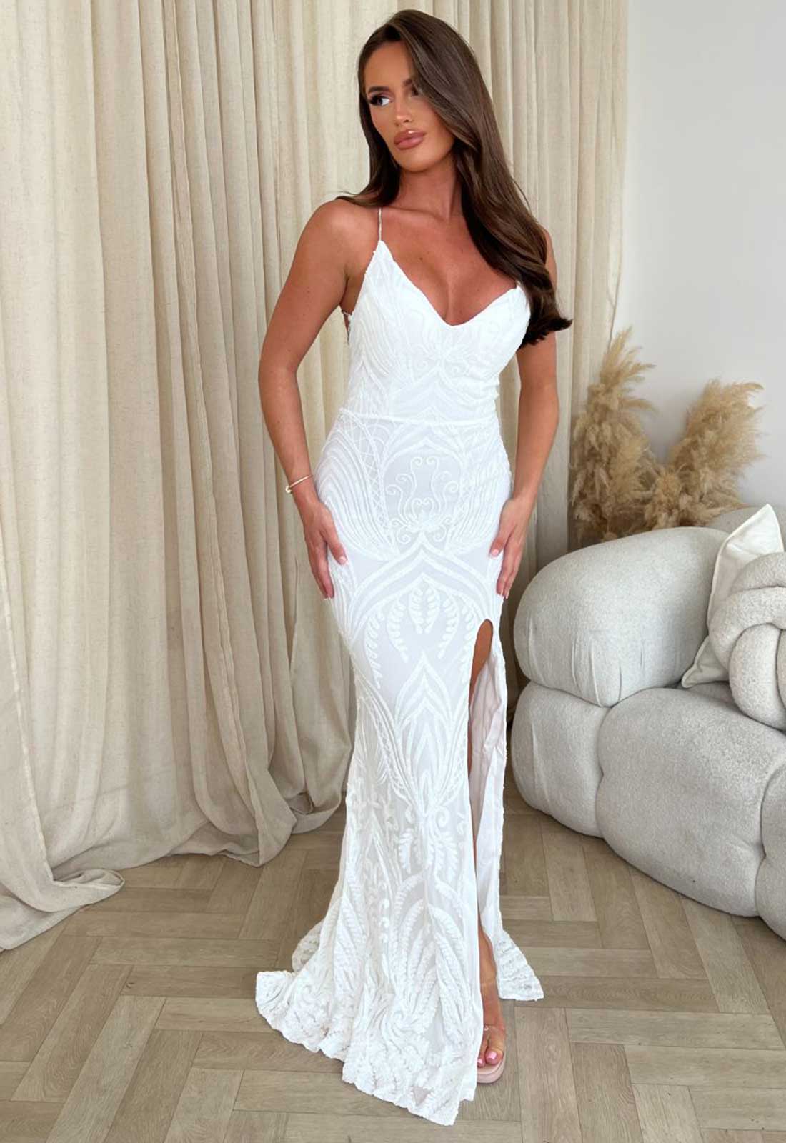 slim fit dress slacks Manhattan White Sequin Slip Maxi Formal Dress - US 14
