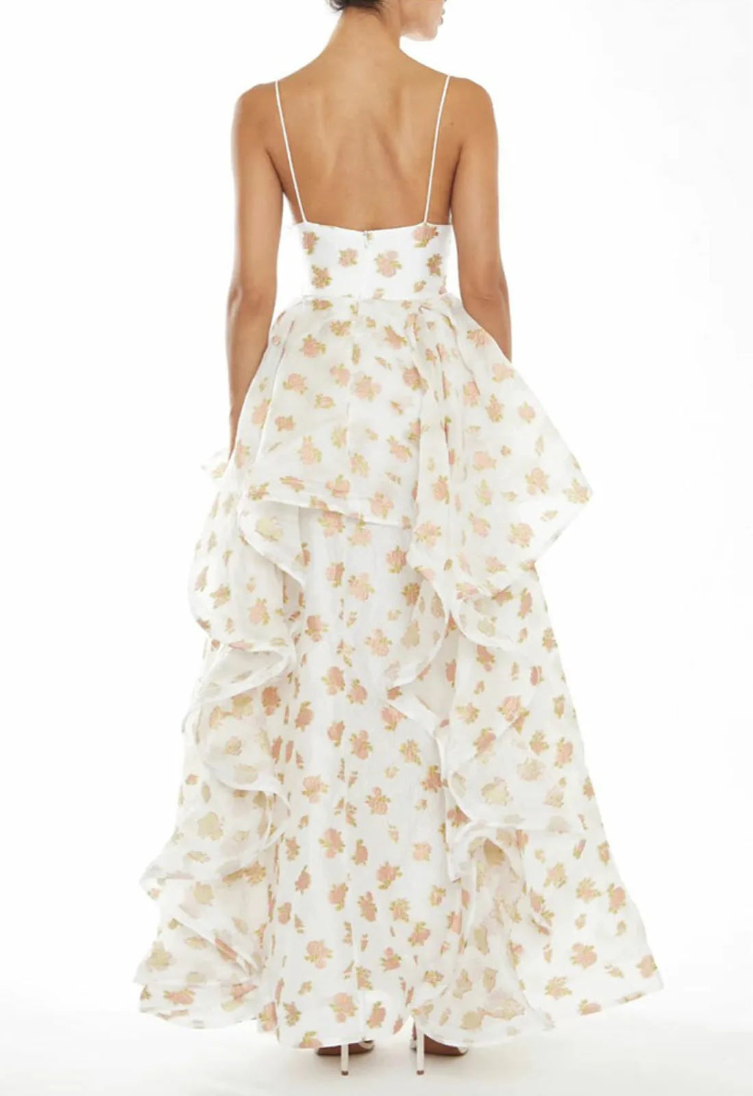 True Decadence Ingrid Peach-Floral Organza Layered Ruffle Strappy Maxi Dress