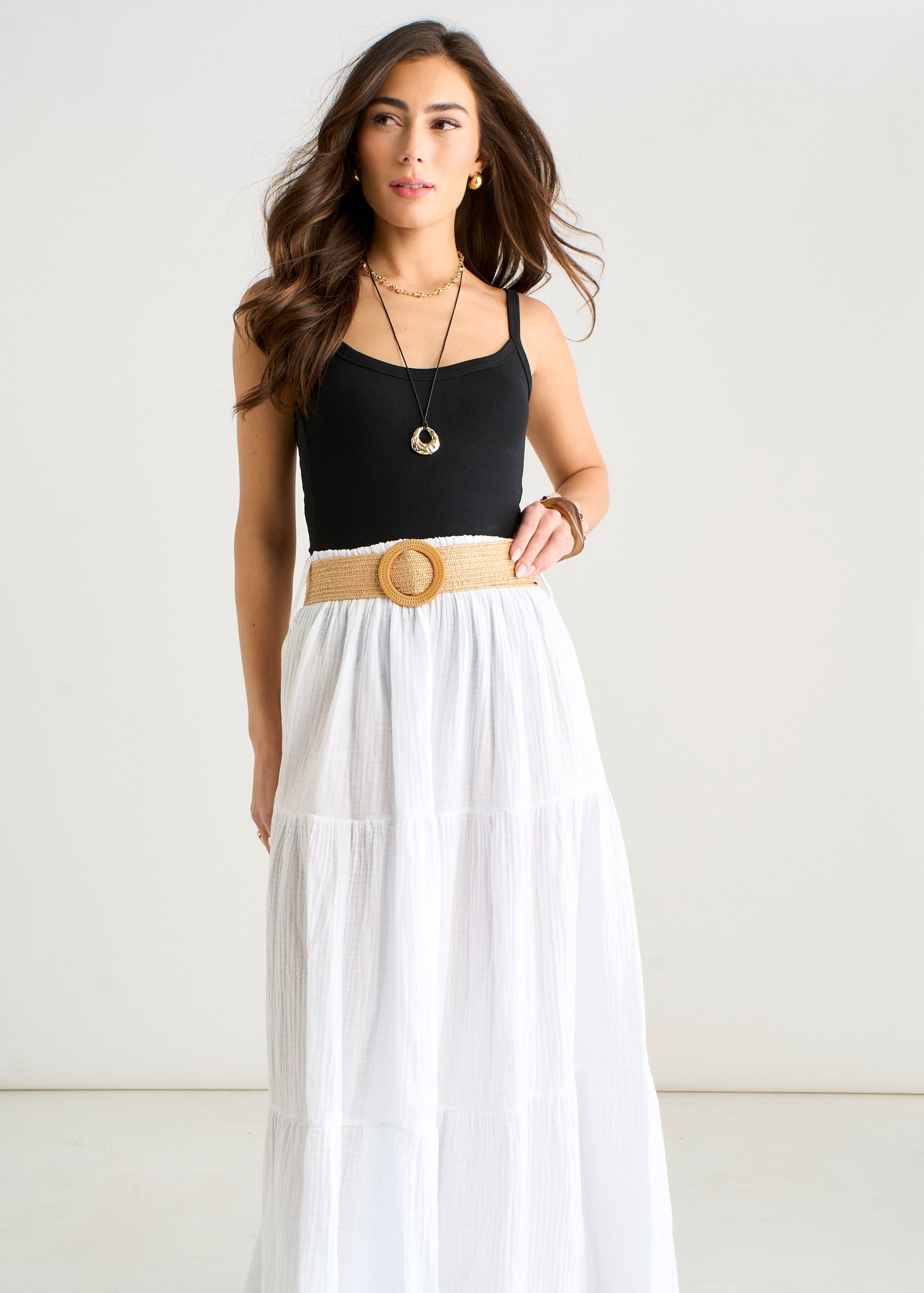 White Cotton Seersucker Belted Midaxi Skirt