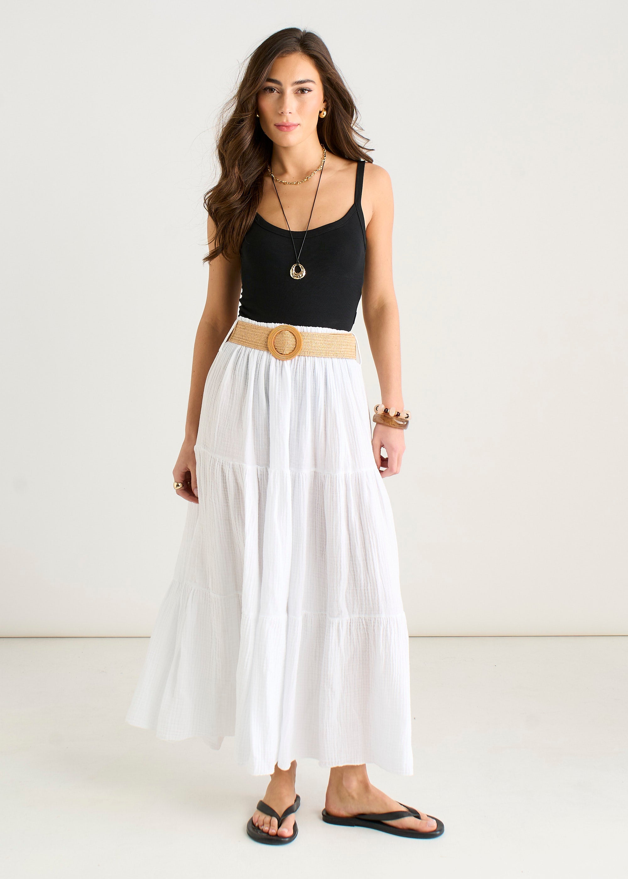 White Cotton Seersucker Belted Midaxi Skirt