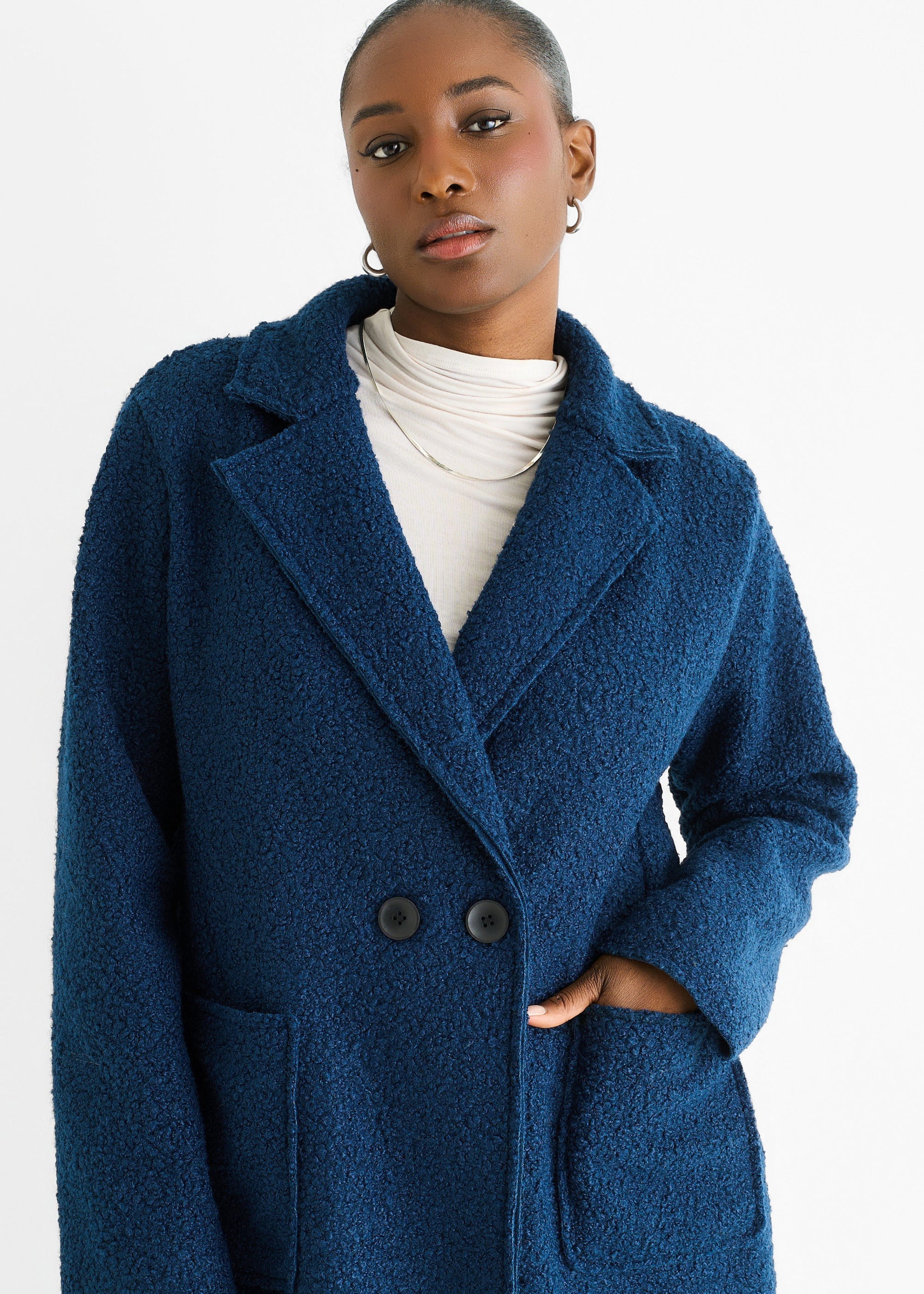 Gini London Navy Shearling Mid Length Double Breasted Jacket