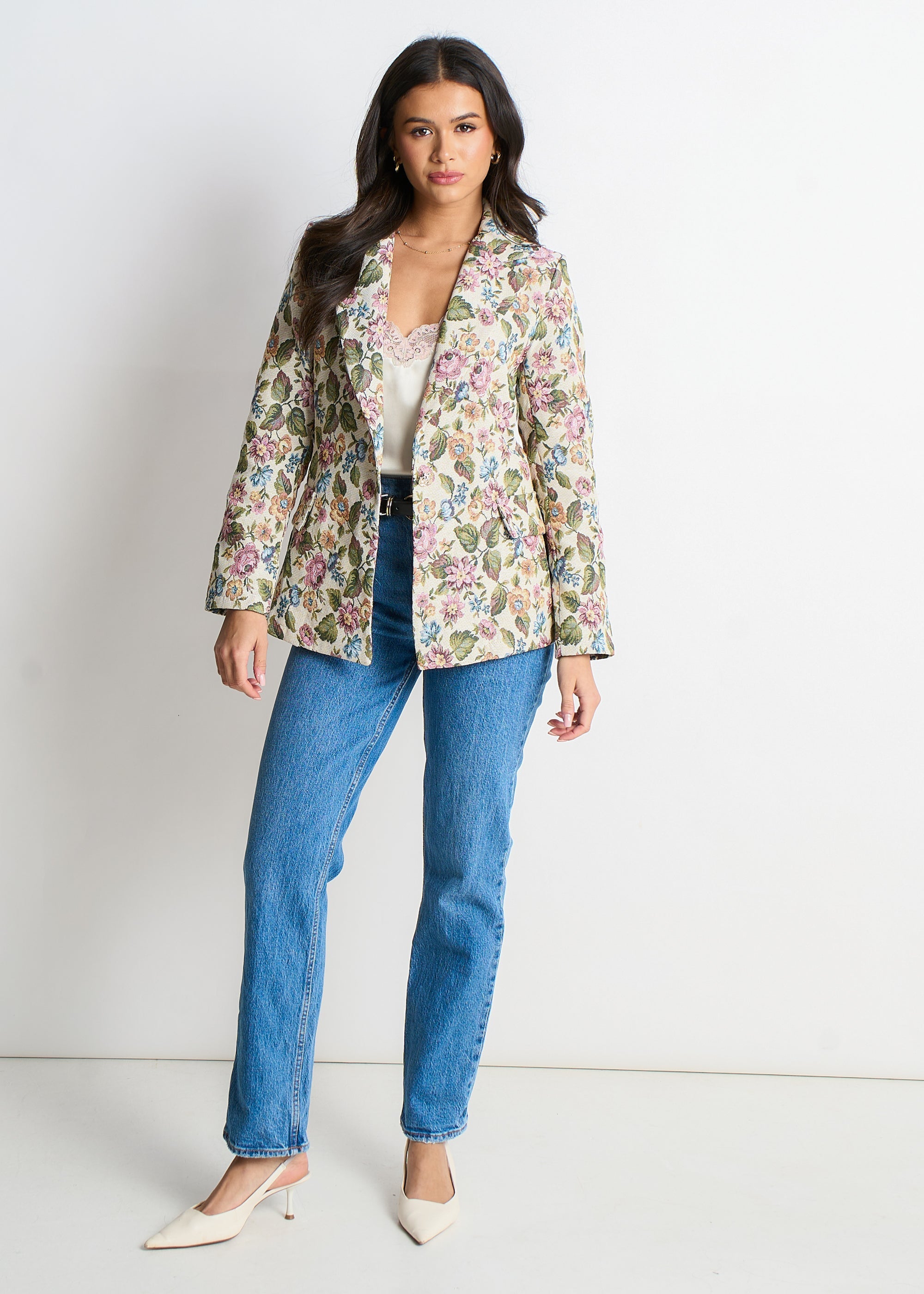 Gini London Beige Floral Jacquard Tailored Blazer
