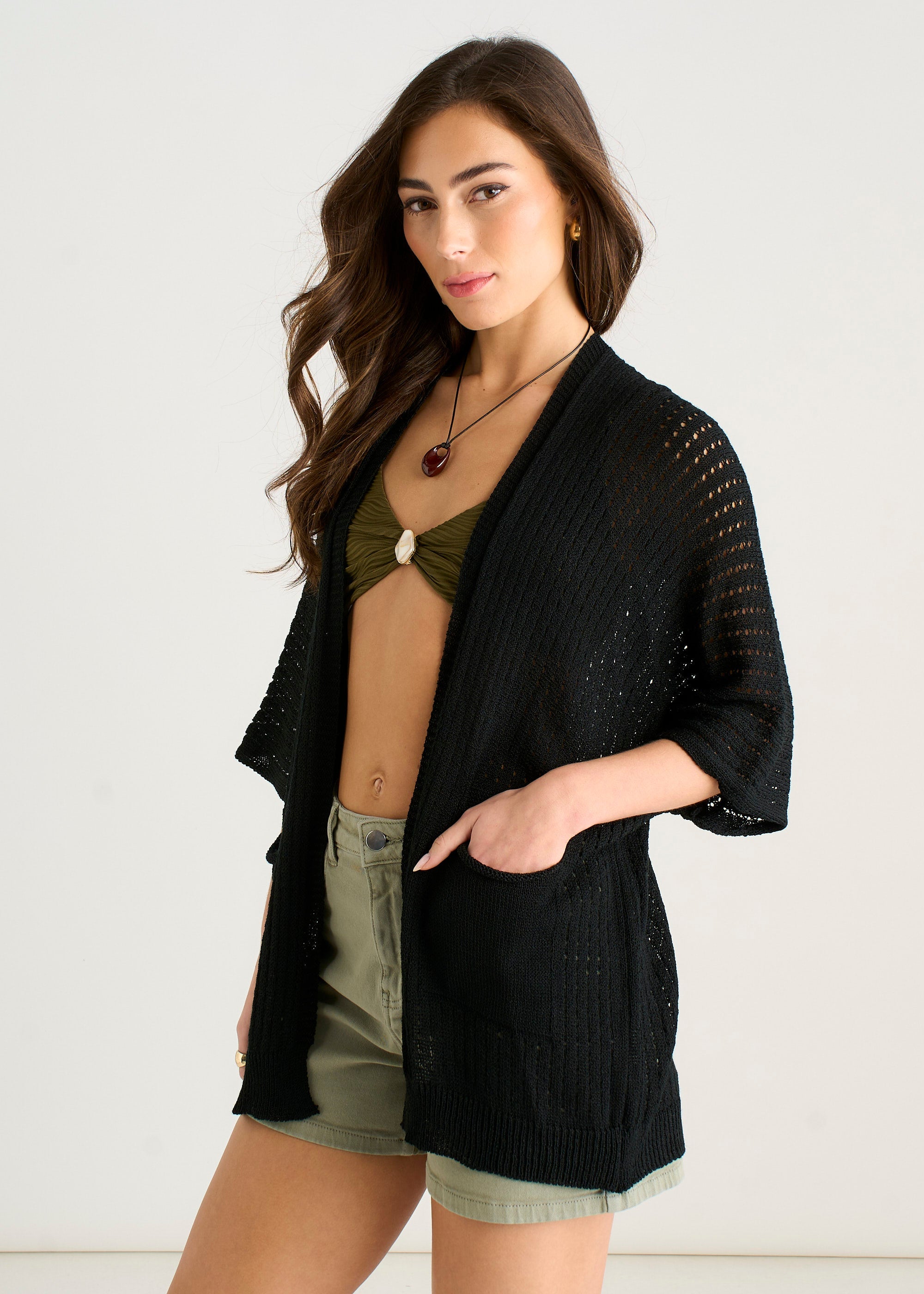 Black Edge To Edge Knit Cardigan With Pockets