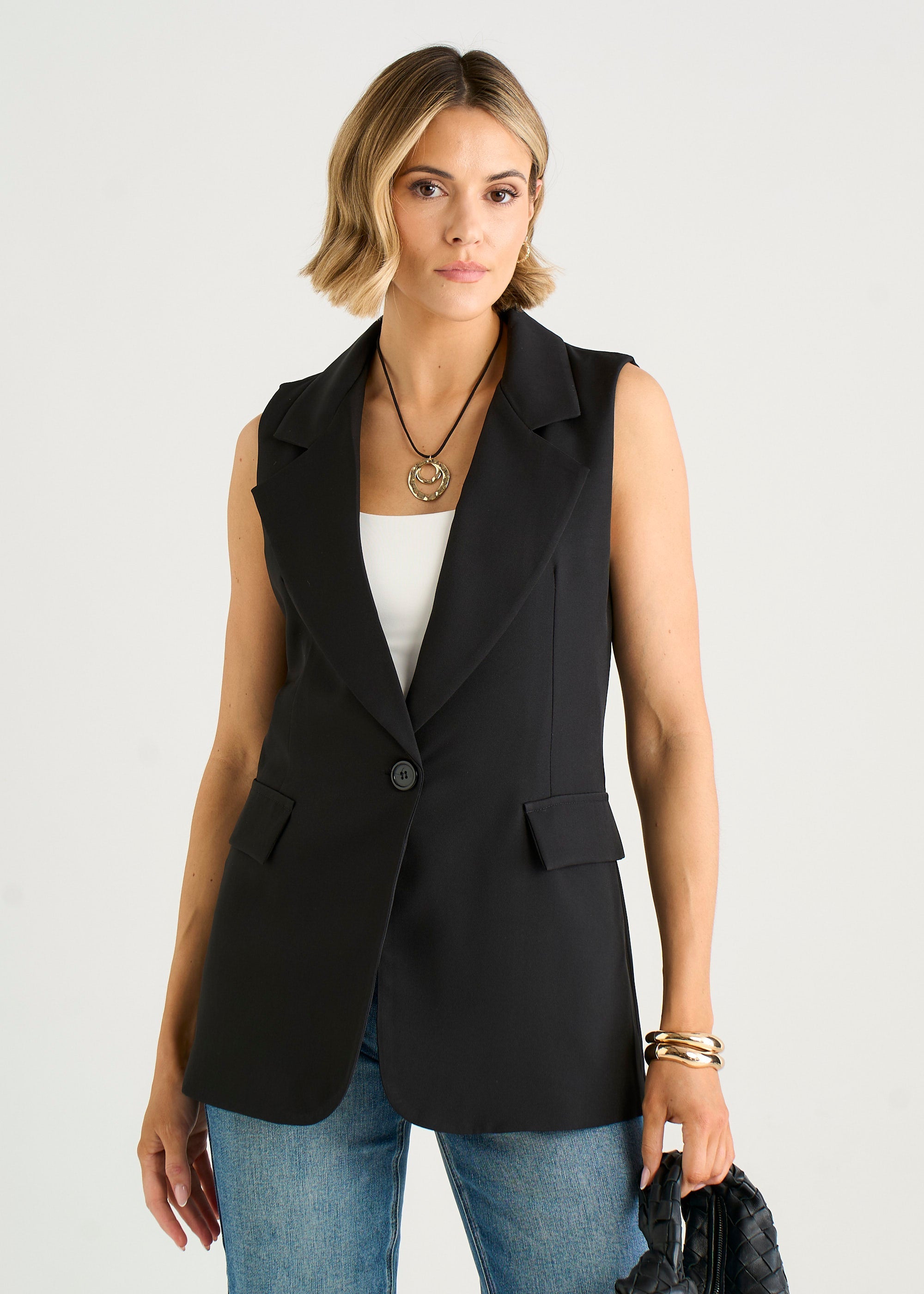 Gini London Black Tailored Contrast Lining Longline Waistcoat