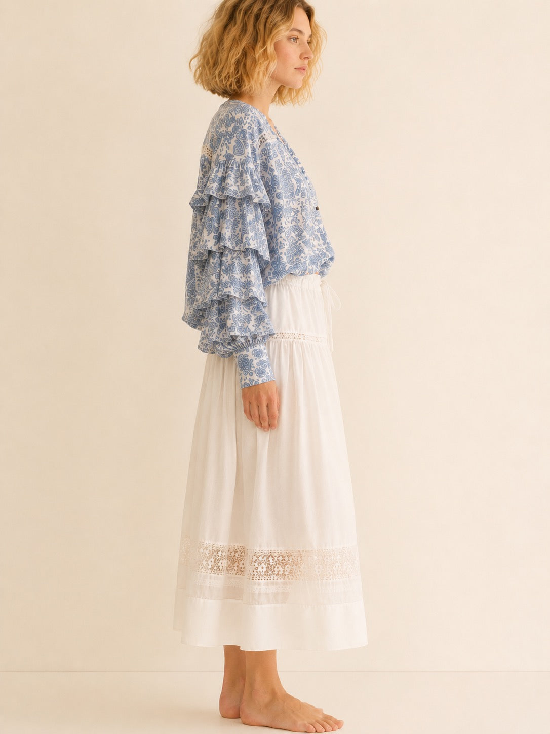 Soul Of Sita Liberty Woodblock Printed Frill Sleeve Blouse In Blue Paisley Floral