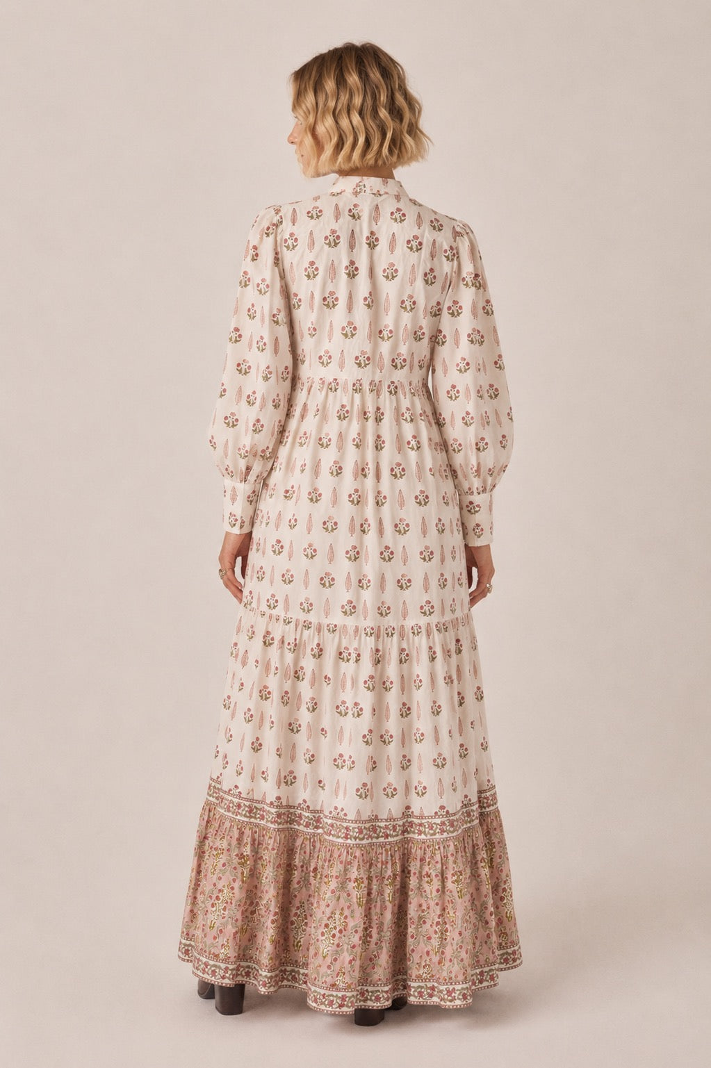 Soul Of Sita Lalita Cream Woodblock Print Maxi Dress 100% Cotton, Side Pockets And Border