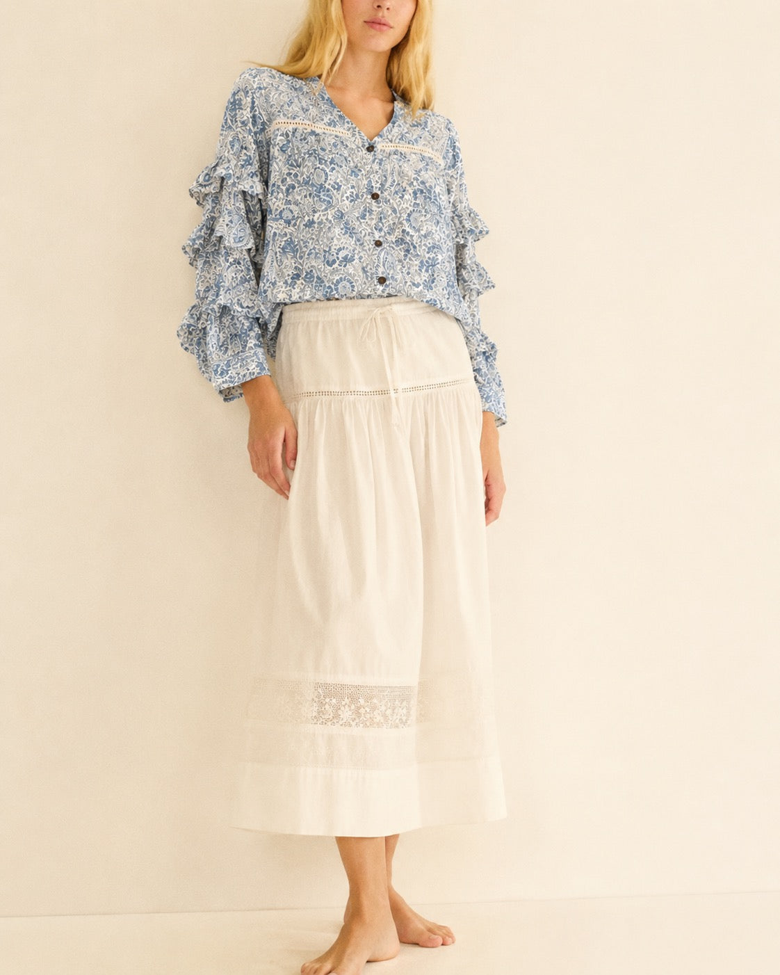 Soul Of Sita Liberty Woodblock Printed Frill Sleeve Blouse In Blue Paisley Floral