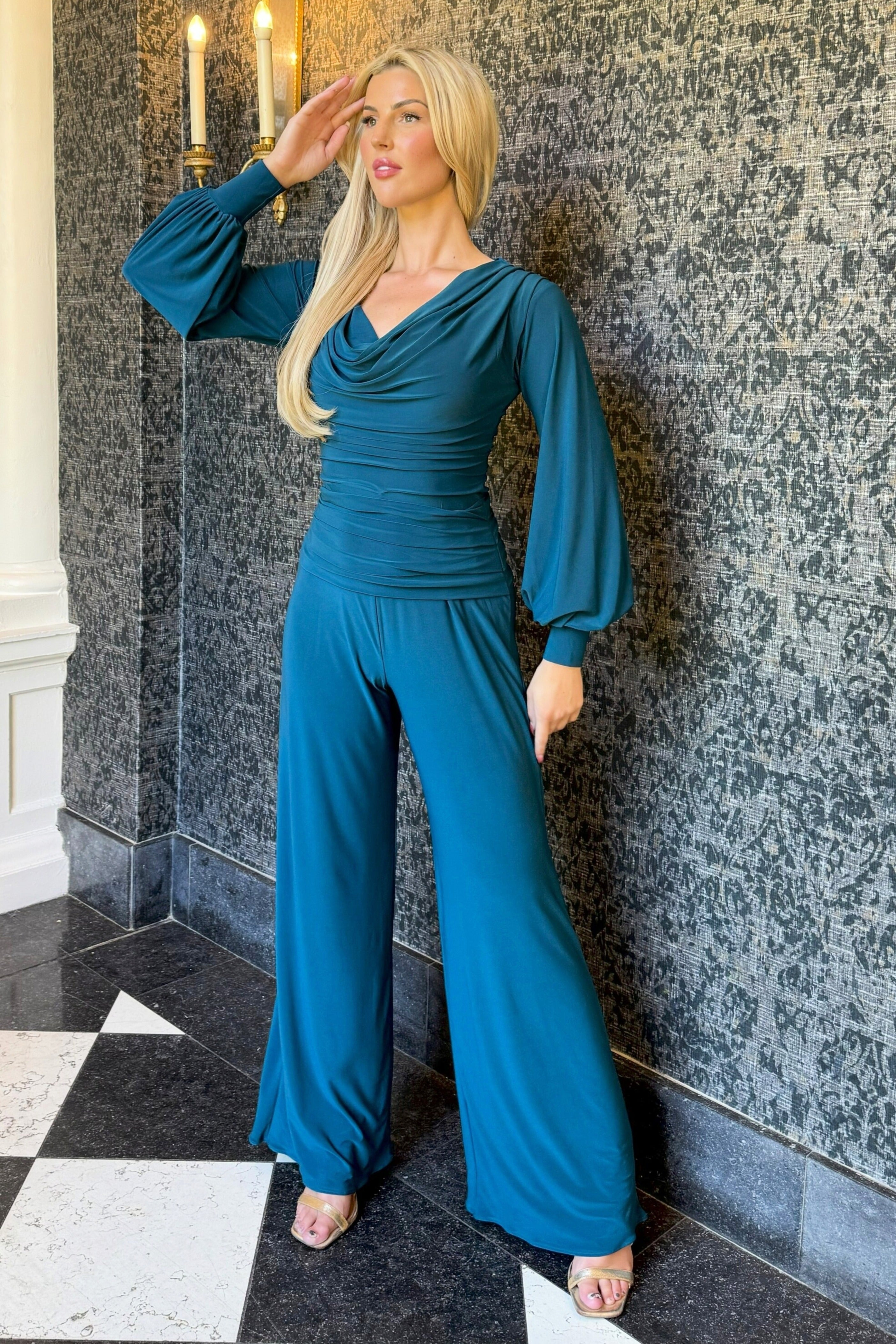 Atom Label Petrol Blue Indium Bell Sleeve Jumpsuit