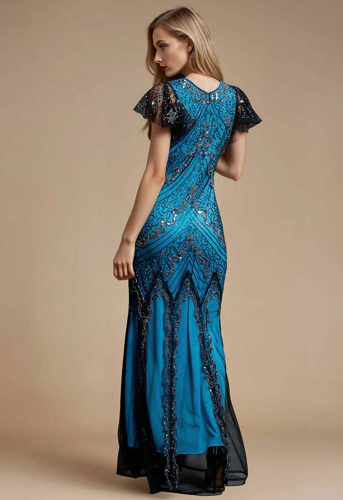 Jywal London Evelyn Beaded Long Gatsby Dress in Blue