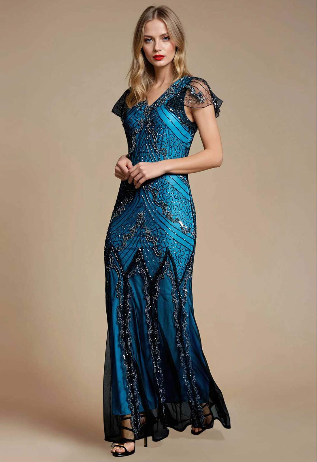 Jywal London Evelyn Beaded Long Gatsby Dress in Blue