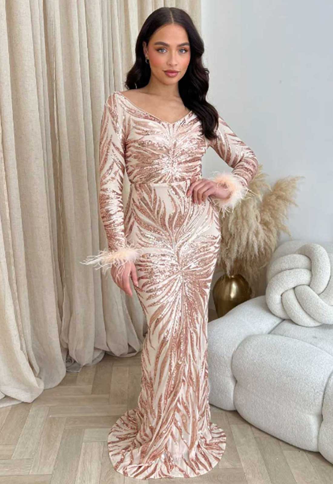 slim fit dress slacks Nazz Collection Rose Gold Luminous Maxi Dress