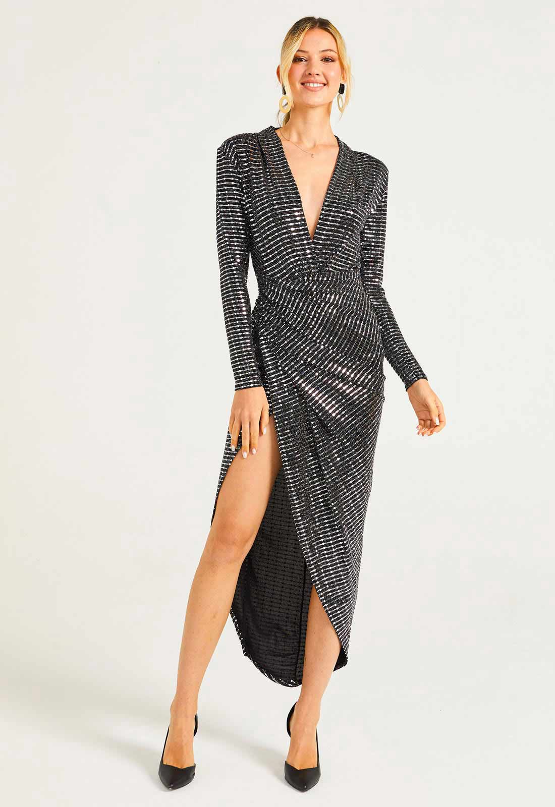 ANGELEYE Silver Sequin Faux Wrap Cocktail Dress