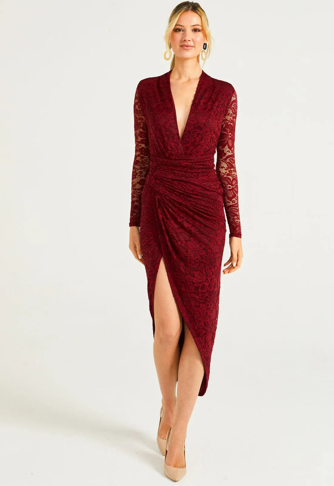 Maroon long sleeve lace dress clearance